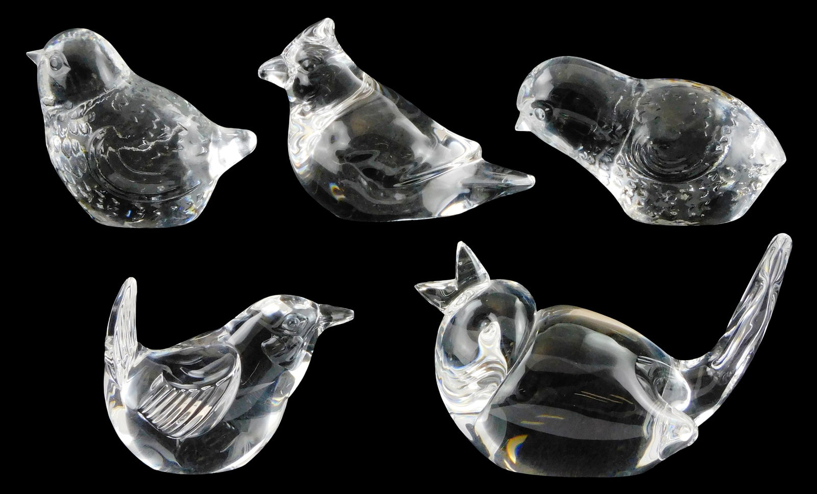 ART GLASS: Five crystal bird figures and hand coolers, Steuben and Baccarat, all marked, including: (1 of 3)