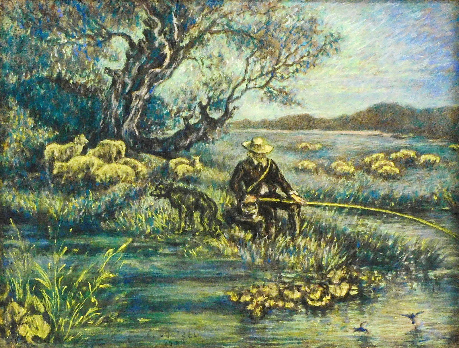 Impressionistic pastel of pastoral scene, dated 1906, depicts gentleman seated to fish on edge of: Impressionistic pastel of pastoral scene, dated 1906, depicts gentleman seated to fish on edge of marsh, black wolfhound at his side, flocks of sheep in fields behind, signed and dated 'E. Boetzel 190