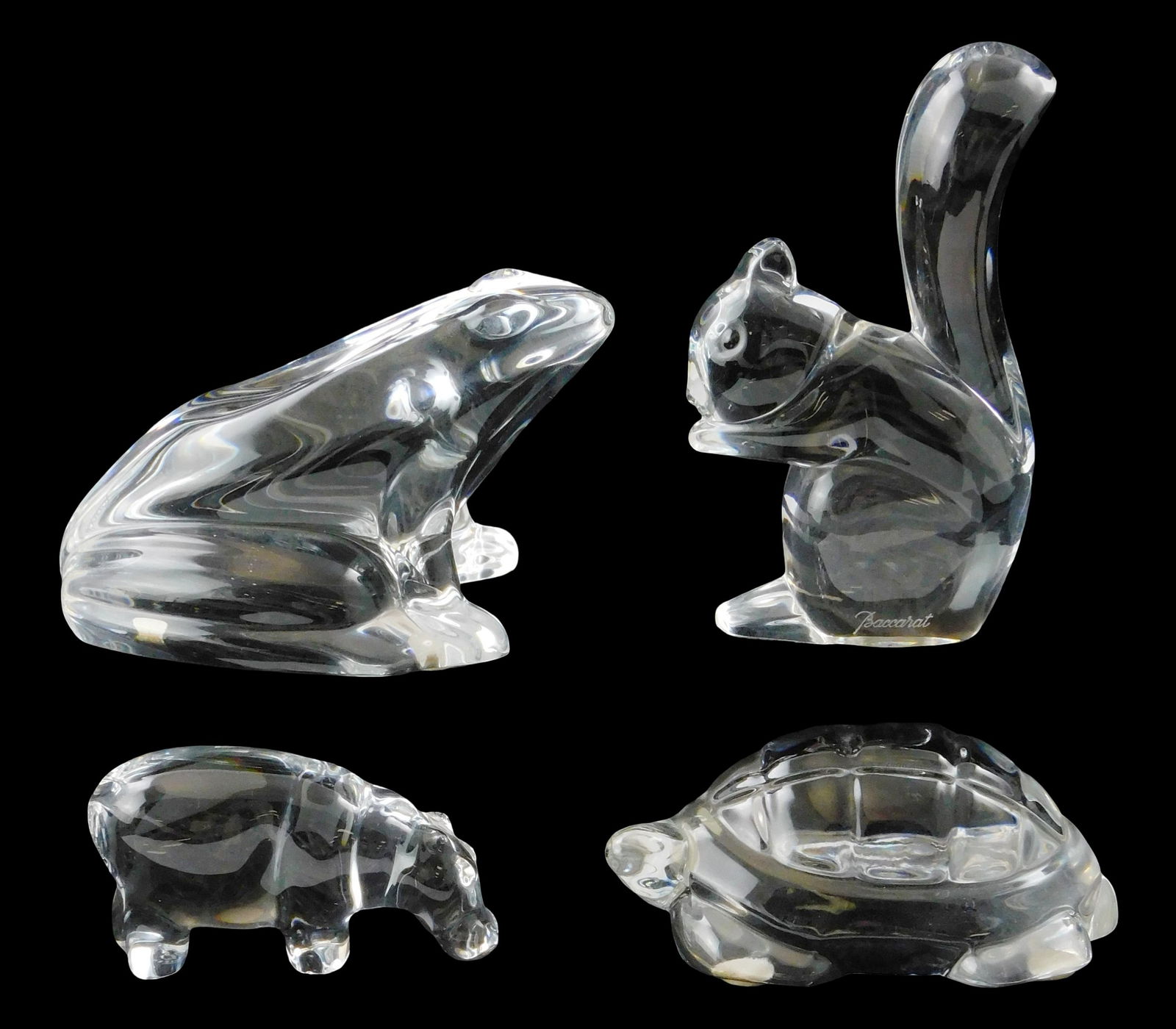 ART GLASS: Four Baccarat crystal animal figures, all with makers mark, including: large frog, 2 (1 of 4)