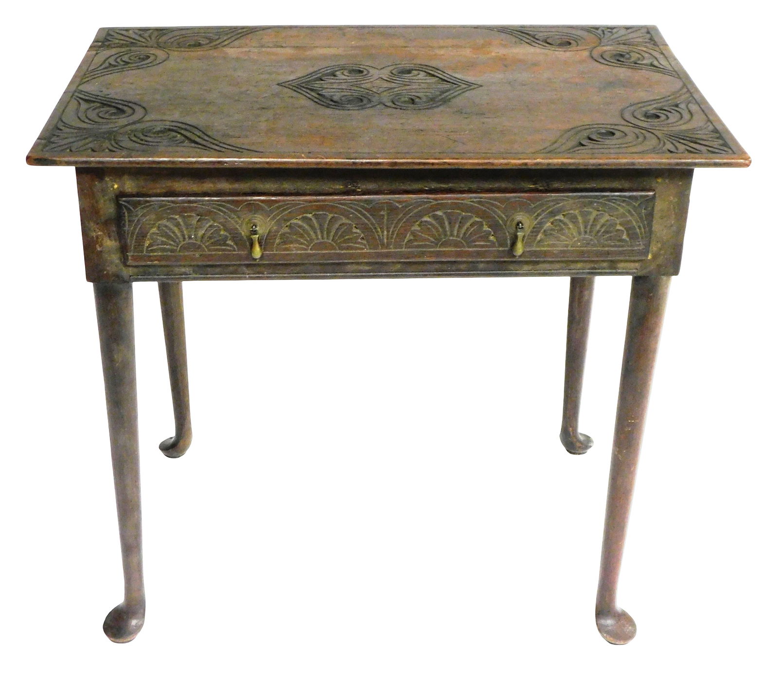 Writing or tea table, England, 18th C., table with drawer, carved mahogany top over oak base with (1 of 4)