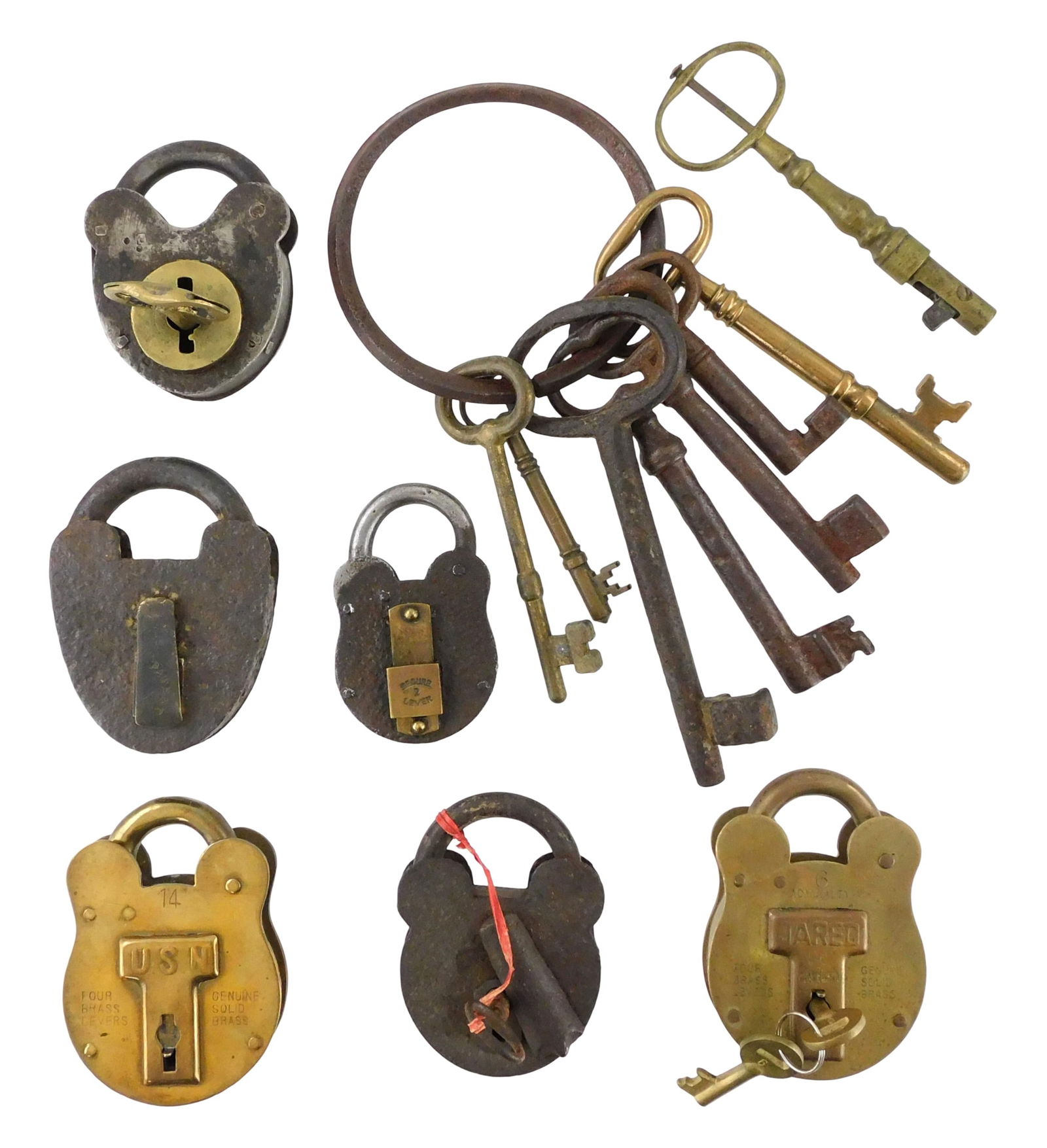 Five early metal locks, skeleton keys and a reproduction brass Navy lock, 19th-20th C., including: (1 of 4)