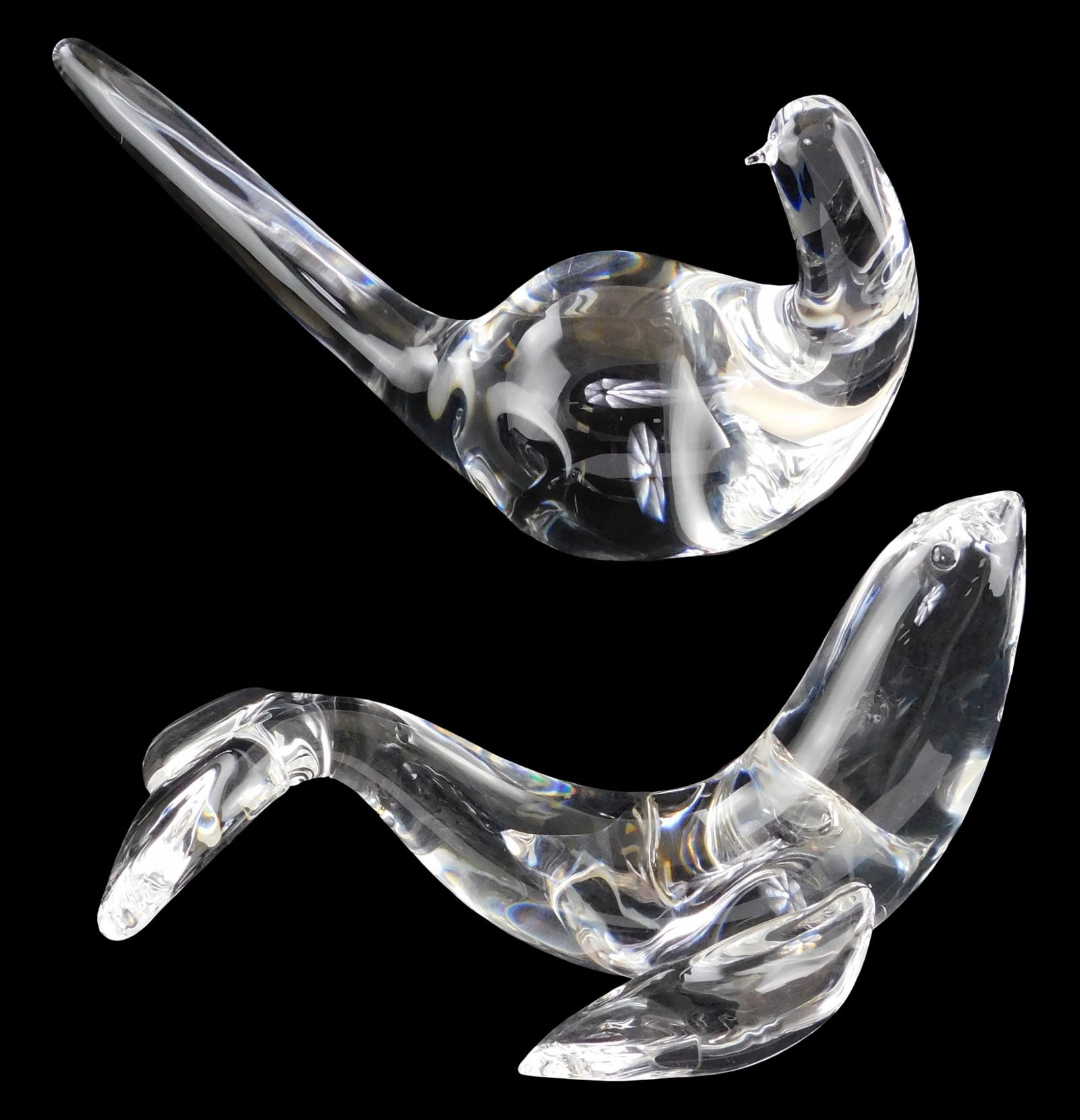 ART GLASS: Two large Steuben crystal figures, both with signed base, including: seal, on belly (1 of 5)