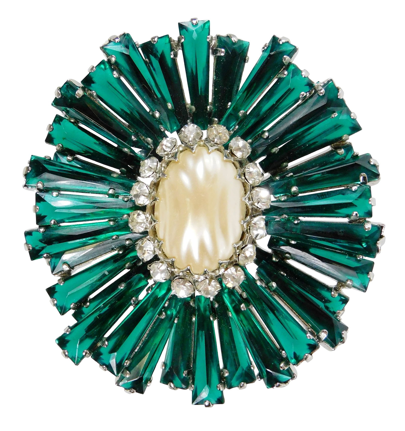 COSTUME JEWELRY: Ruffle brooch by Schreiner, New York, 20th C., signed, emerald green glass ruffled: COSTUME JEWELRY: Ruffle brooch by Schreiner, New York, 20th C., signed, emerald green glass ruffled border with inner accent border of clear stones and faux domed pearl center, signed "SCHREINER NEW Y