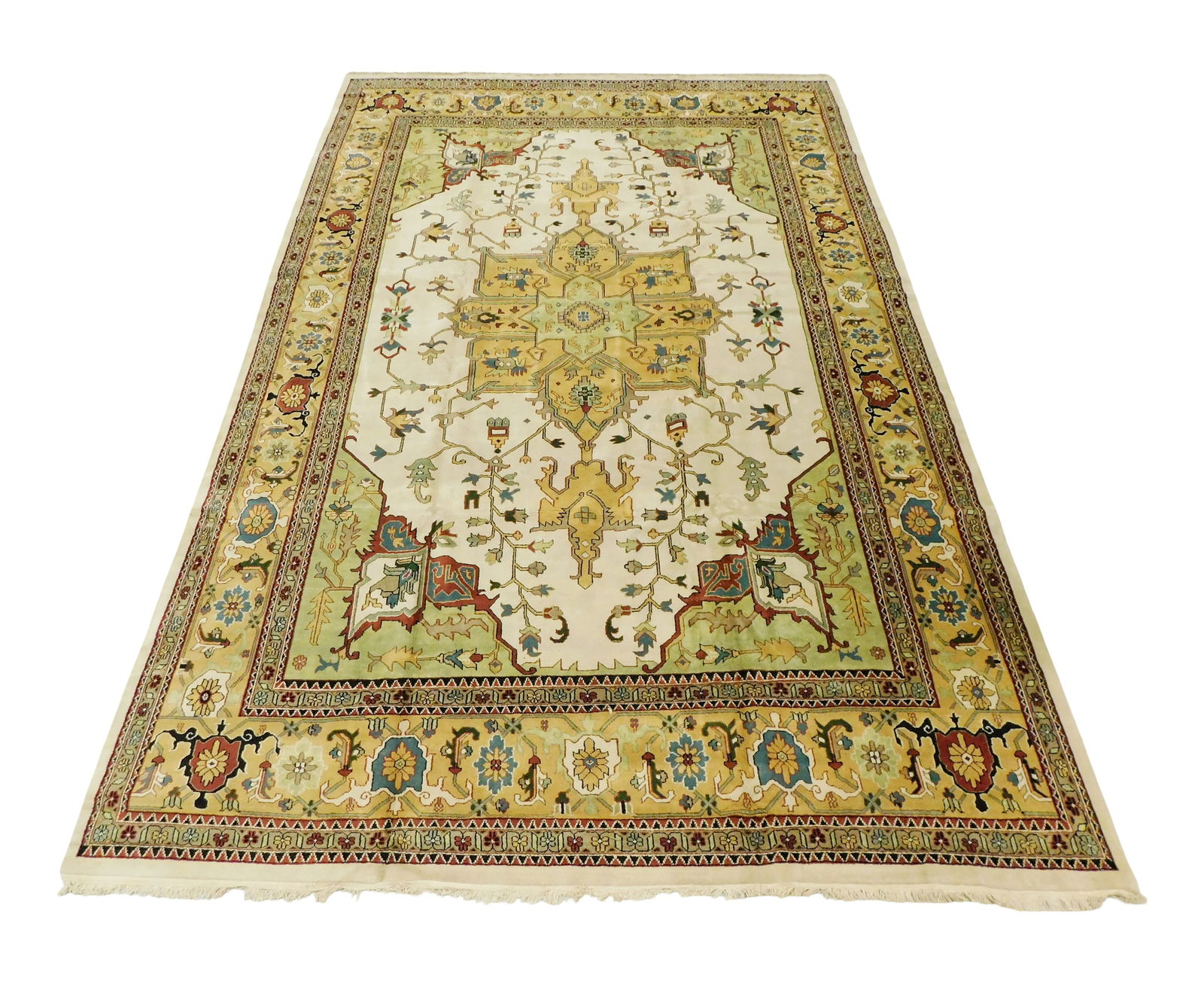 RUG: Persian Herez style, contemporary, gold central medallion with cream ground, green corner (1 of 5)