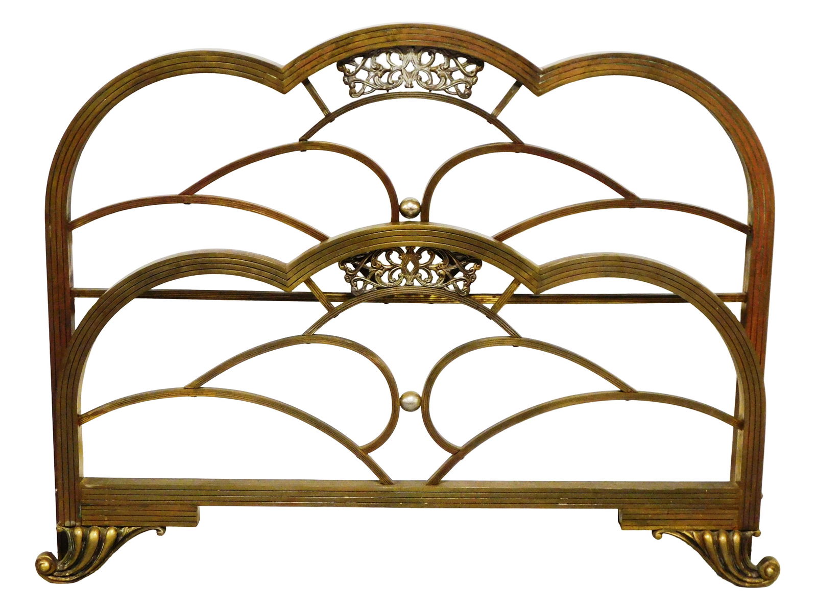 Brass Art Deco twin sized bed frame, 20th C., headboard and foot board, ornately designed with brass (1 of 3)