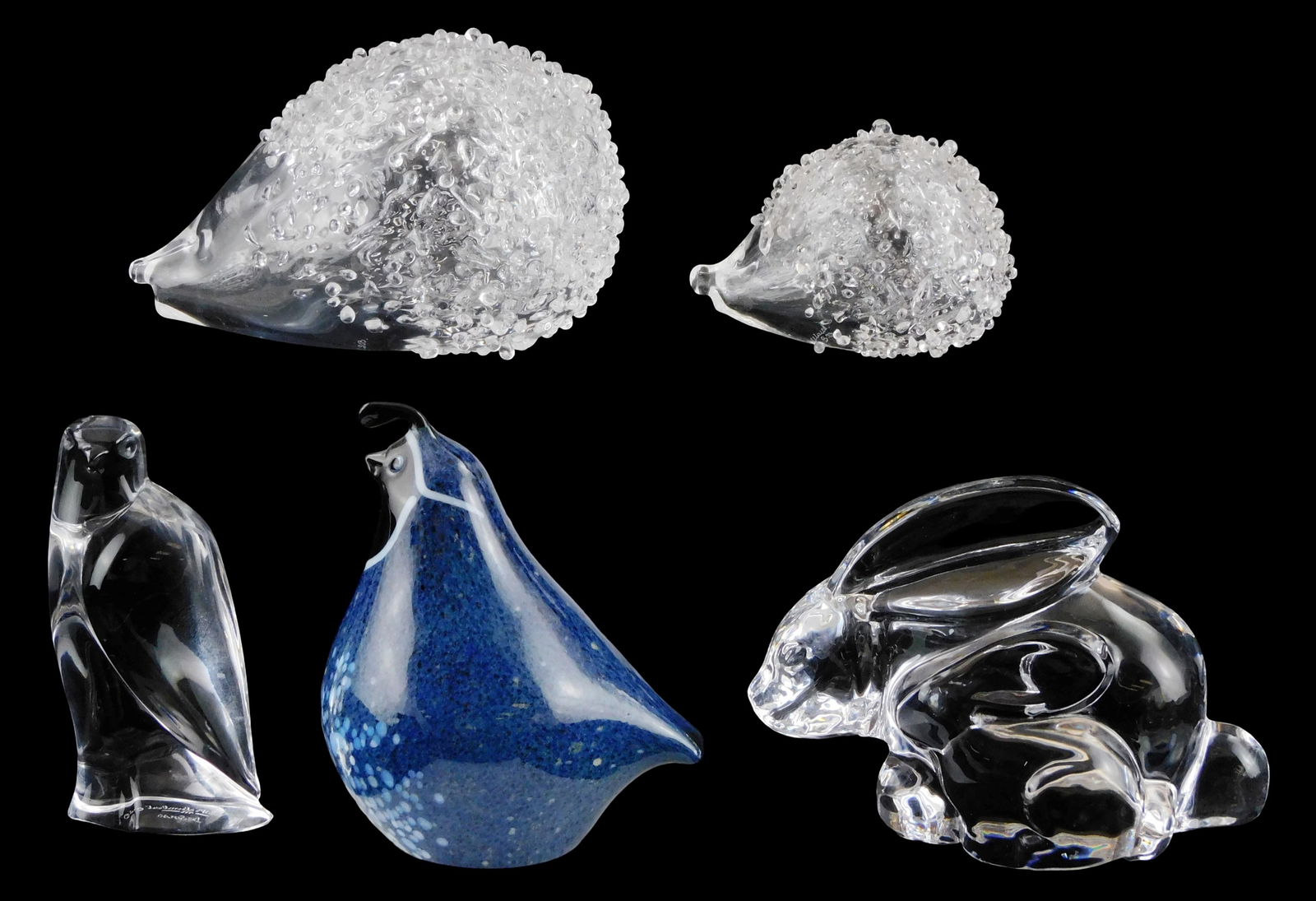 ART GLASS: Five animal themed glass and crystal paperweights, Orrefors, Flume and Orient, Hadeland, (1 of 7)