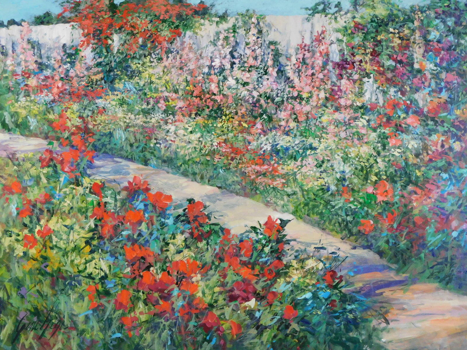 Gene Hege (American, 1940-2003), “Country Garden??, oil on canvas, vibrant garden scene with: Gene Hege (American, 1940-2003), "Country Garden", oil on canvas, vibrant garden scene with bright reds, whites, and other colors, a path runs through with wall at back, signed lower left, in gilt woo