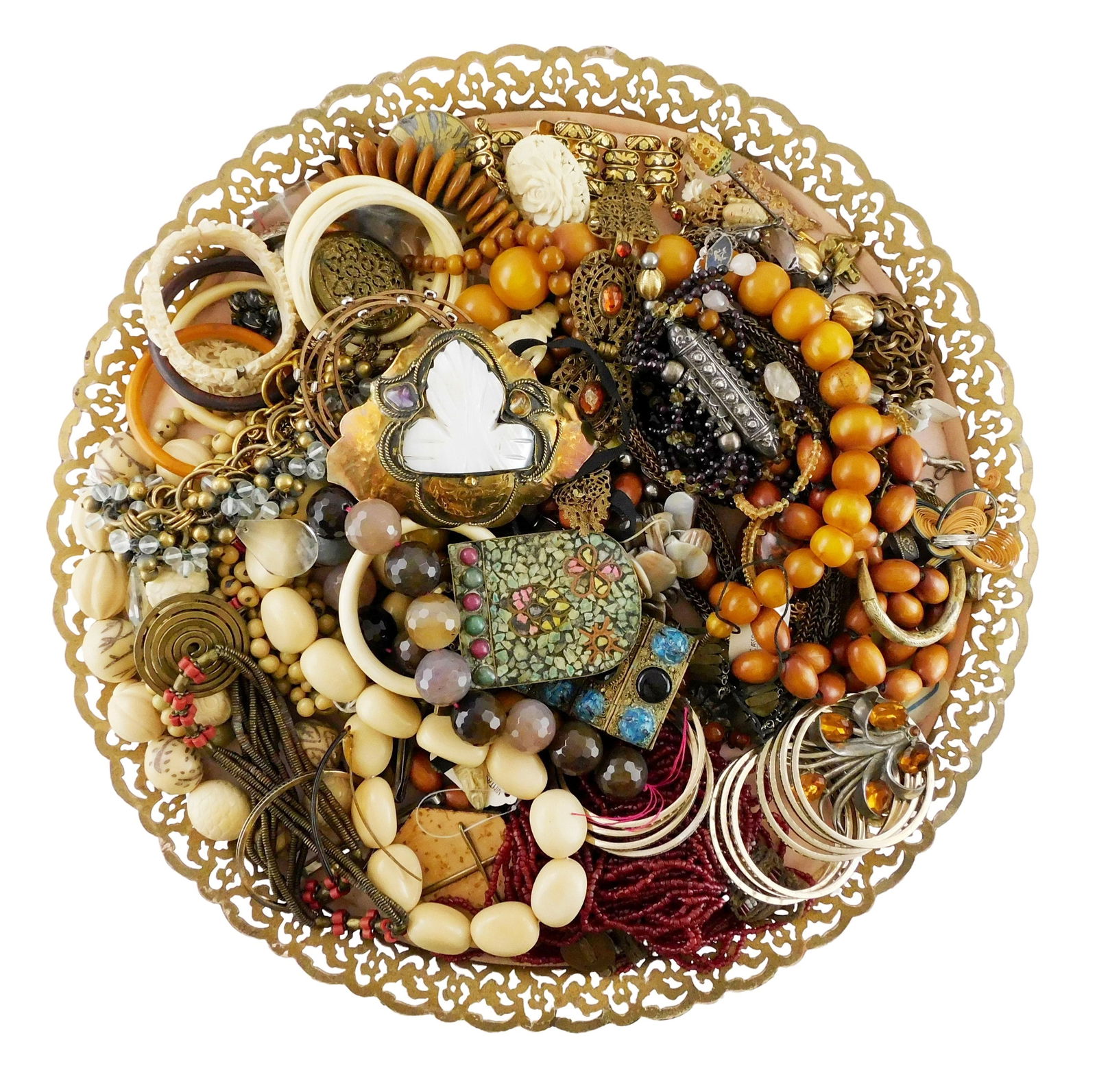 COSTUME JEWELRY: Tribal themed, 40+ pieces including rings, necklaces, bangles, linked bracelets, (1 of 4)