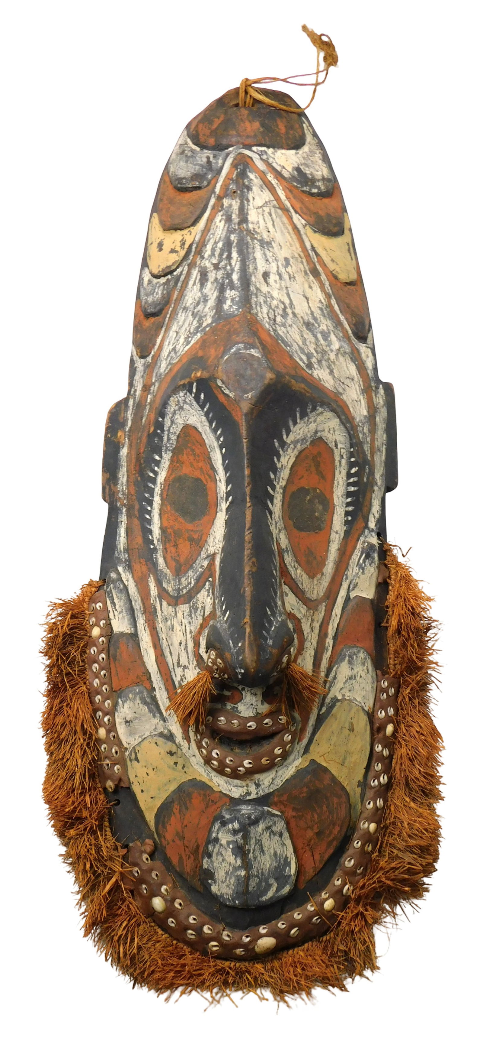 TRIBAL: African ceremonial mask, New Guinea, Sepik River region, 20th C., carved wood, orange, tan, (1 of 6)