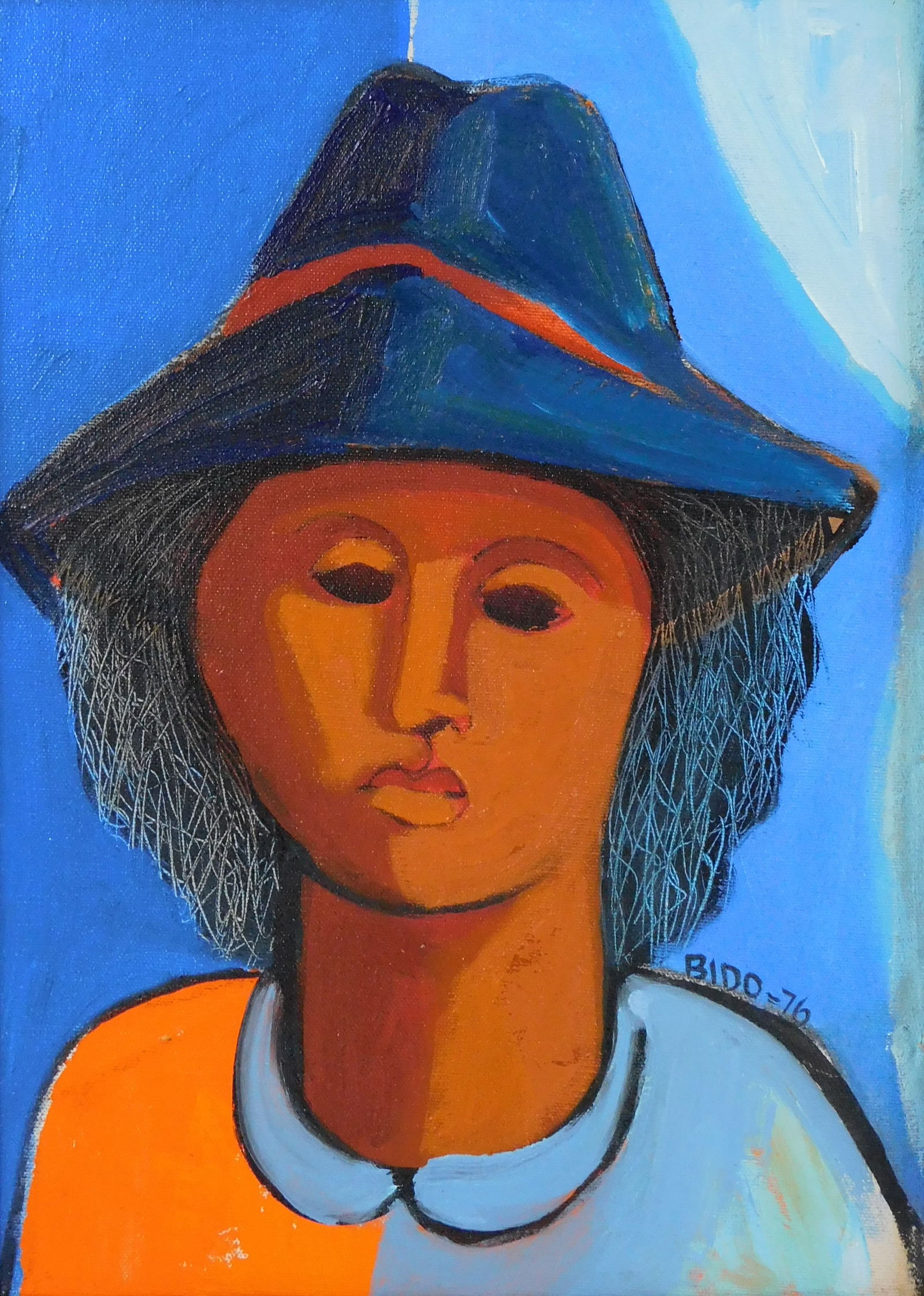 Candido Bido (Dominican Republic, 1936-2011), 1976, oil on artist board, portrait of person in deep: Candido Bido (Dominican Republic, 1936-2011), 1976, oil on artist board, portrait of person in deep blue hat with red ribbon and two-tone shirt, set against blue background with three hues, hair with