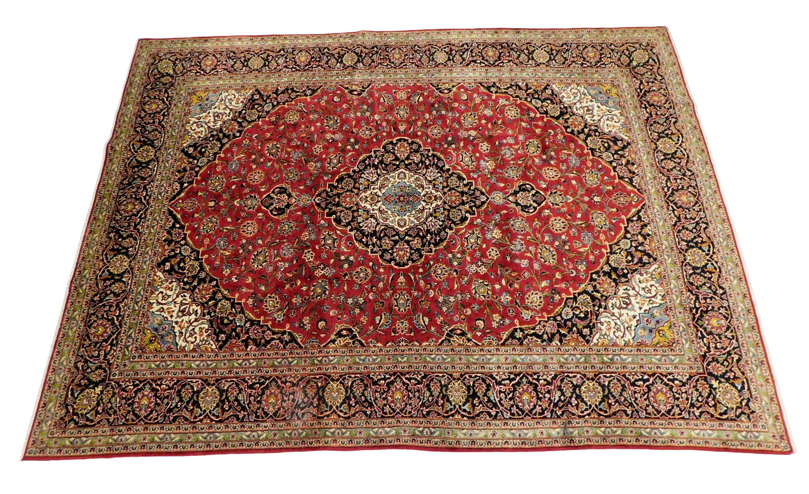 RUG: Kashan, finely woven, 10' x 13', 1940's - 1950's, wool on cotton, red ground, central medallion (1 of 4)