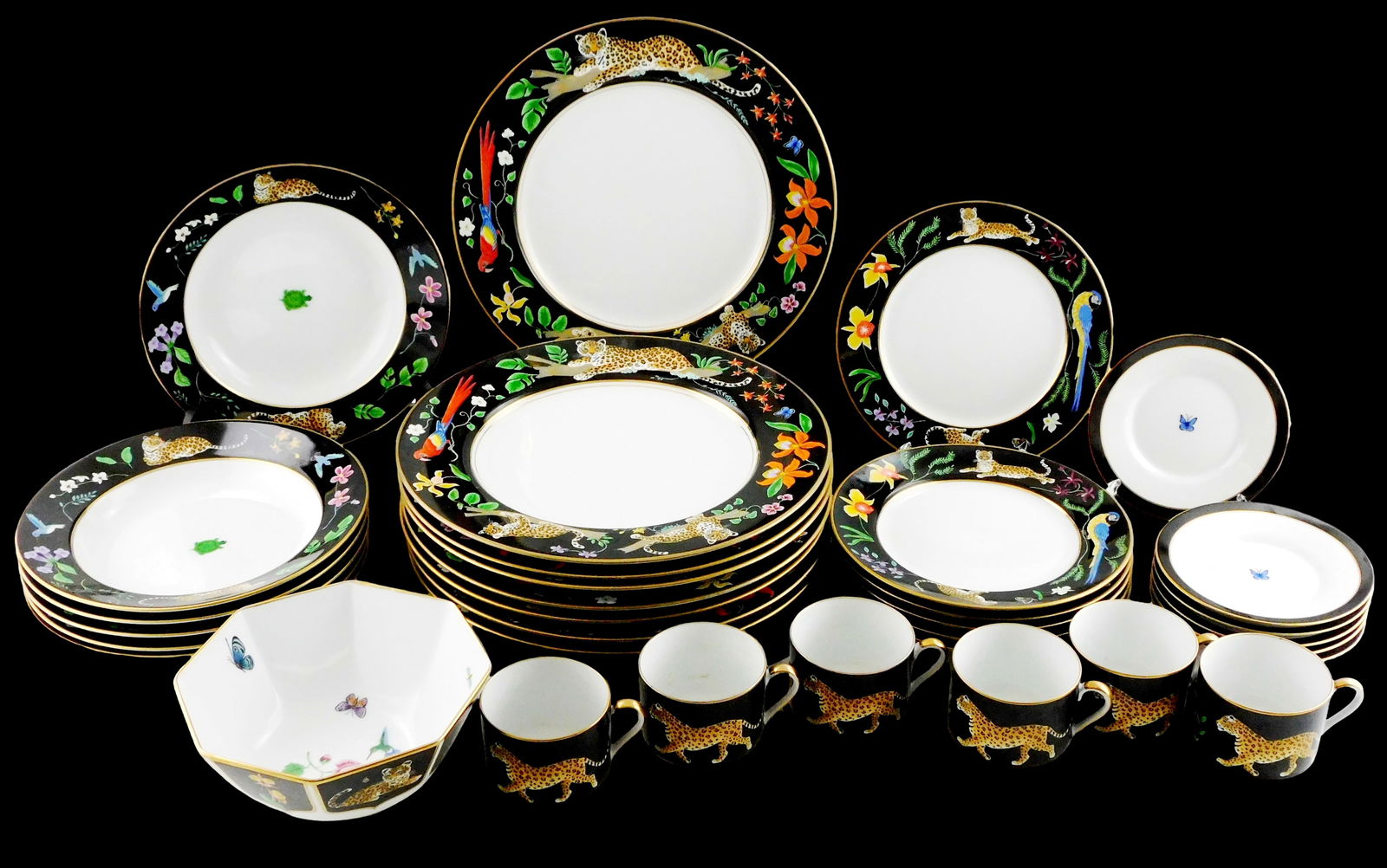 Jaguar Jungle porcelain dinnerware, thirty-three pieces, by Lynn Chase Designs, Japan, c. 1988, (1 of 5)