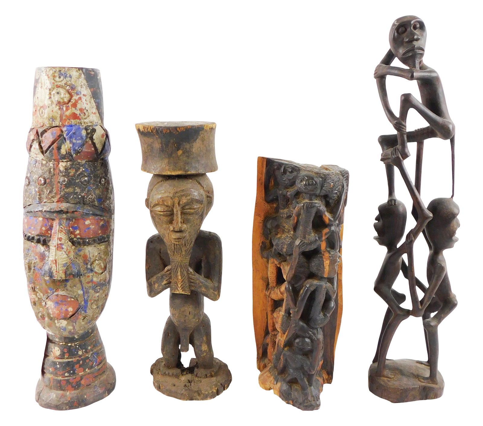 TRIBAL: Four African figural carvings, including: ebonized stacked figures, Makonde tribe form, (1 of 5)
