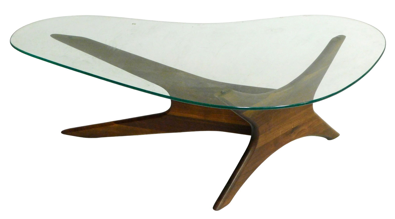 Glass top asymmetrical table, 20th C., table with walnut base in natural finish, base with small (1 of 3)