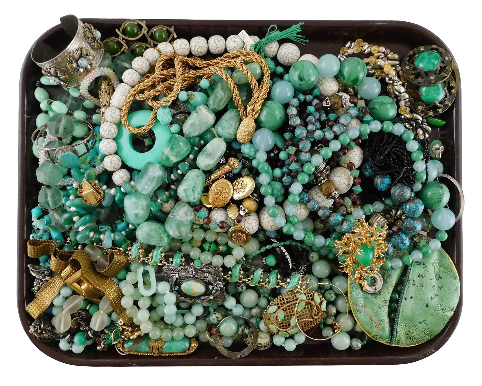 COSTUME JEWELRY: Trifari, Napier, Panetta, etc., 45+ pieces, many with blue-green to aqua colored: COSTUME JEWELRY: Trifari, Napier, Panetta, etc., 45+ pieces, many with blue-green to aqua colored stones, some resembling jade, items of interest include Napier woven gold-tone necklace; Panetta green