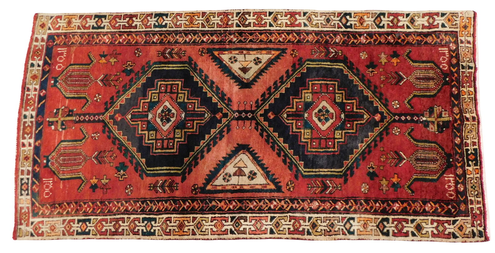 RUG: Heriz runner, 3' x 6', mid 20th C., wool on cotton, red ground, cream border, wear consistent (1 of 4)
