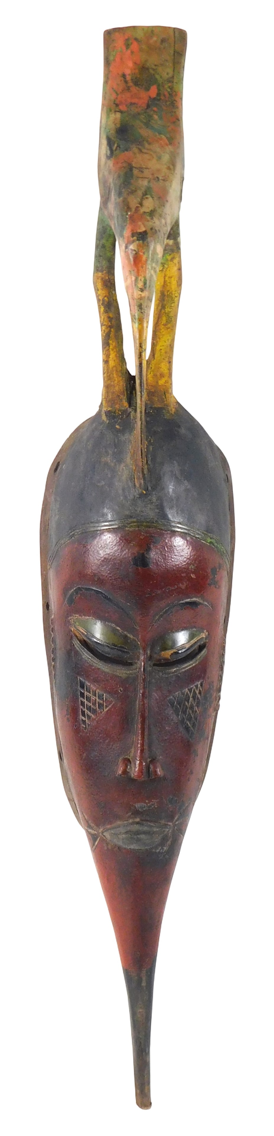 TRIBAL: African bird mask, Guro Tribe, Ivory Coast, 20th C., carved wood with applied pigments, (1 of 3)
