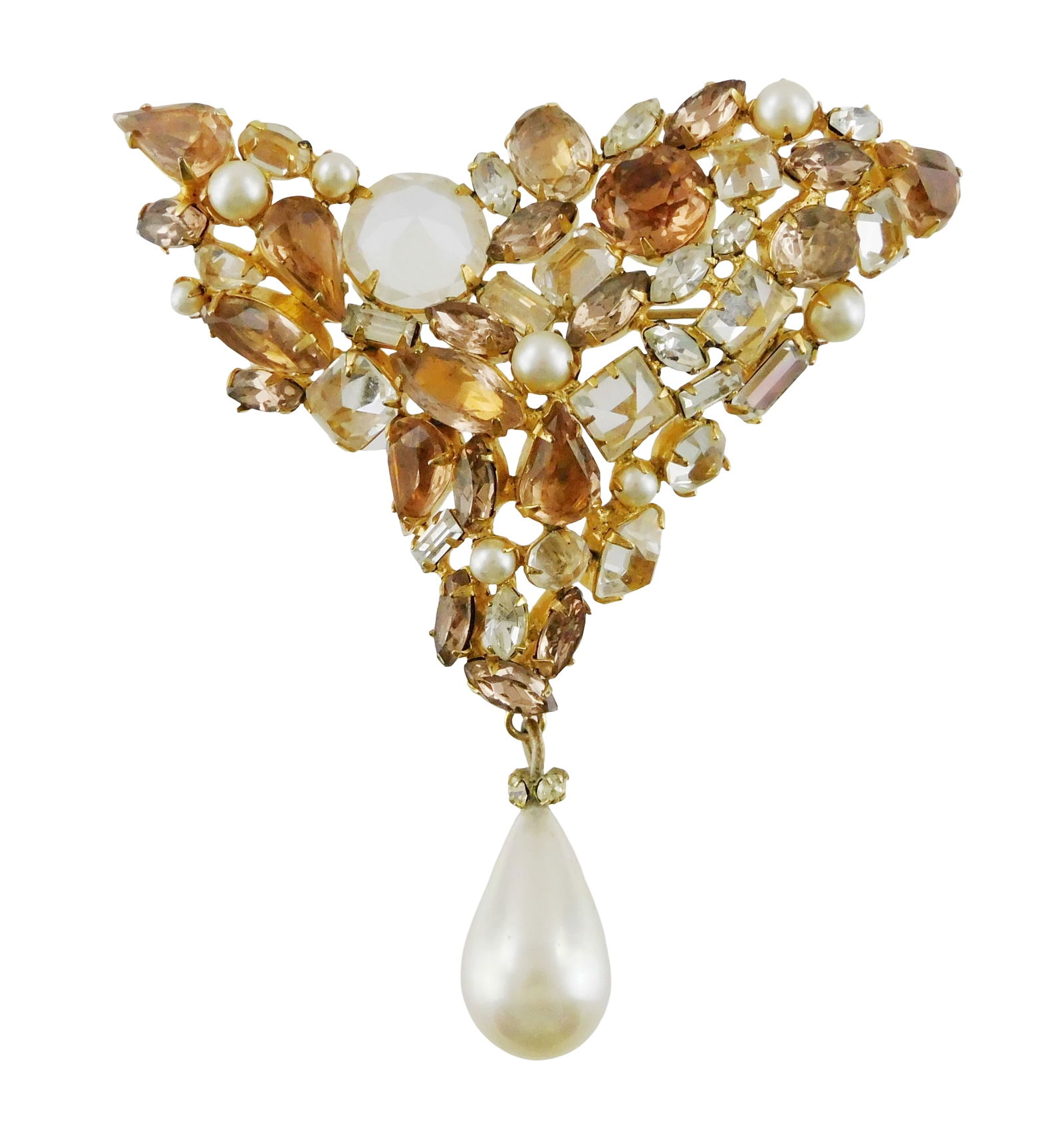 COSTUME JEWELRY: Brooch by Schreiner, New York, 20th C., signed, large triangular form brooch inset: COSTUME JEWELRY: Brooch by Schreiner, New York, 20th C., signed, large triangular form brooch inset with 50+ faceted faux gemstones in colors of amber, citrine, smokey topaz, colorless and pearl, larg