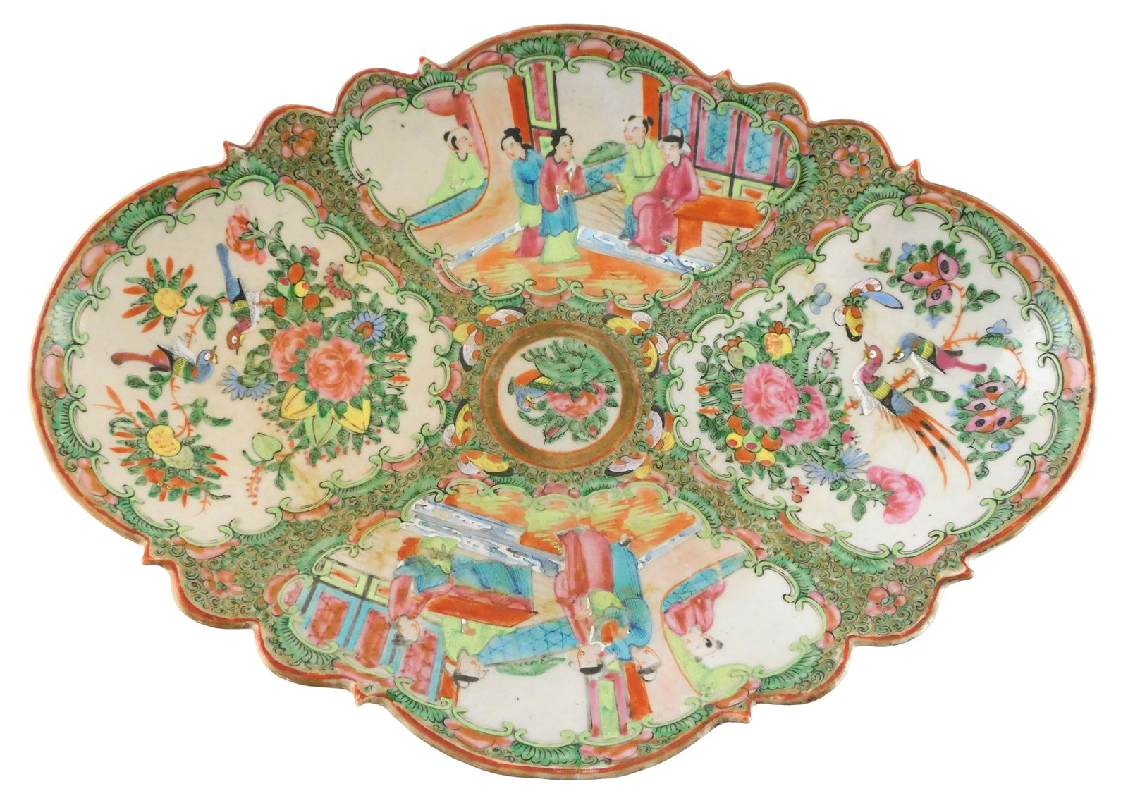 ASIAN: Chinese Export footed platter, 19th C., “Rose Medallion?? pattern, hand-painted figural (1 of 3)