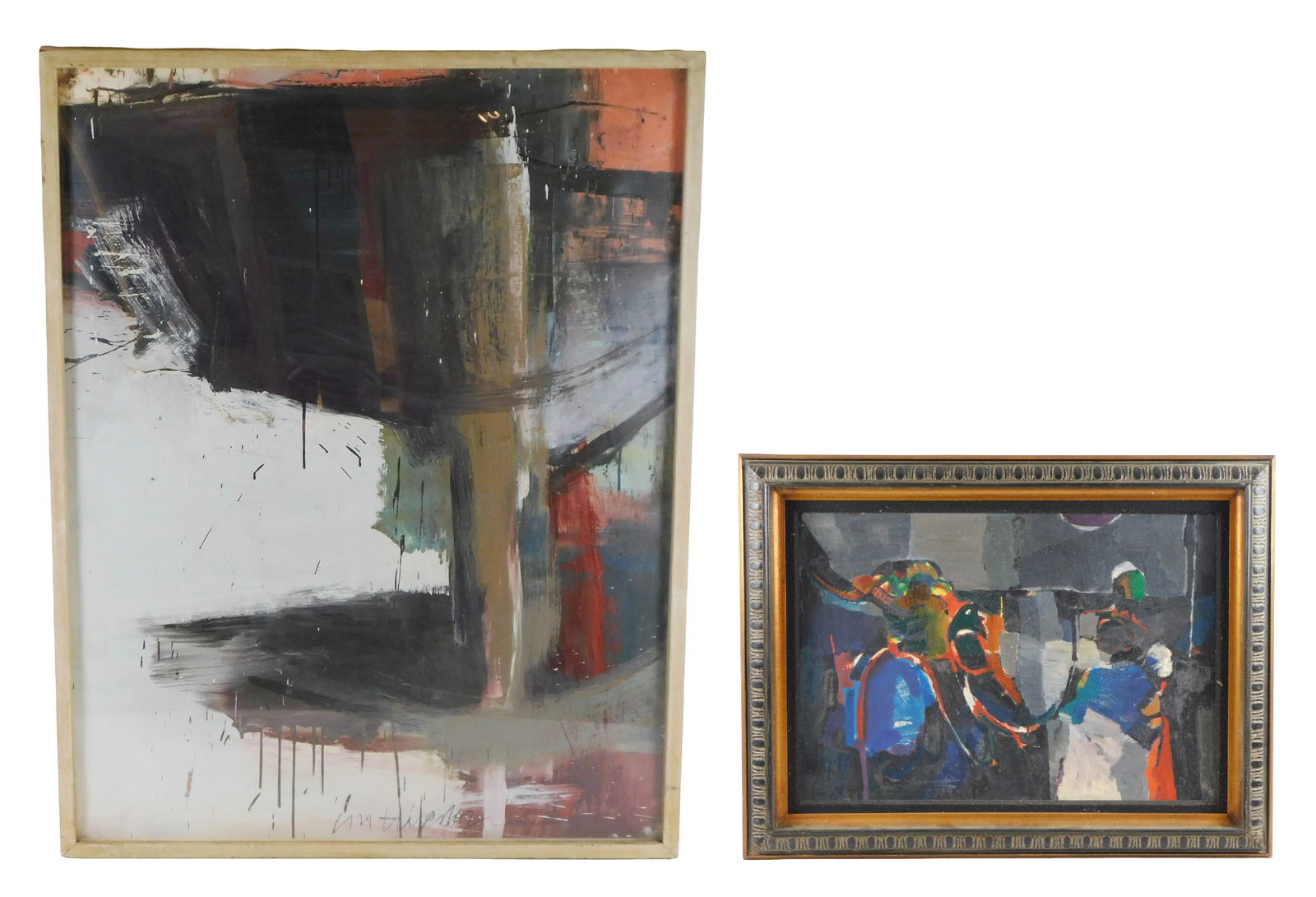 Two 20th C. abstract compositions, including: untitled oblong oil on canvas, composition in blues, (1 of 9)