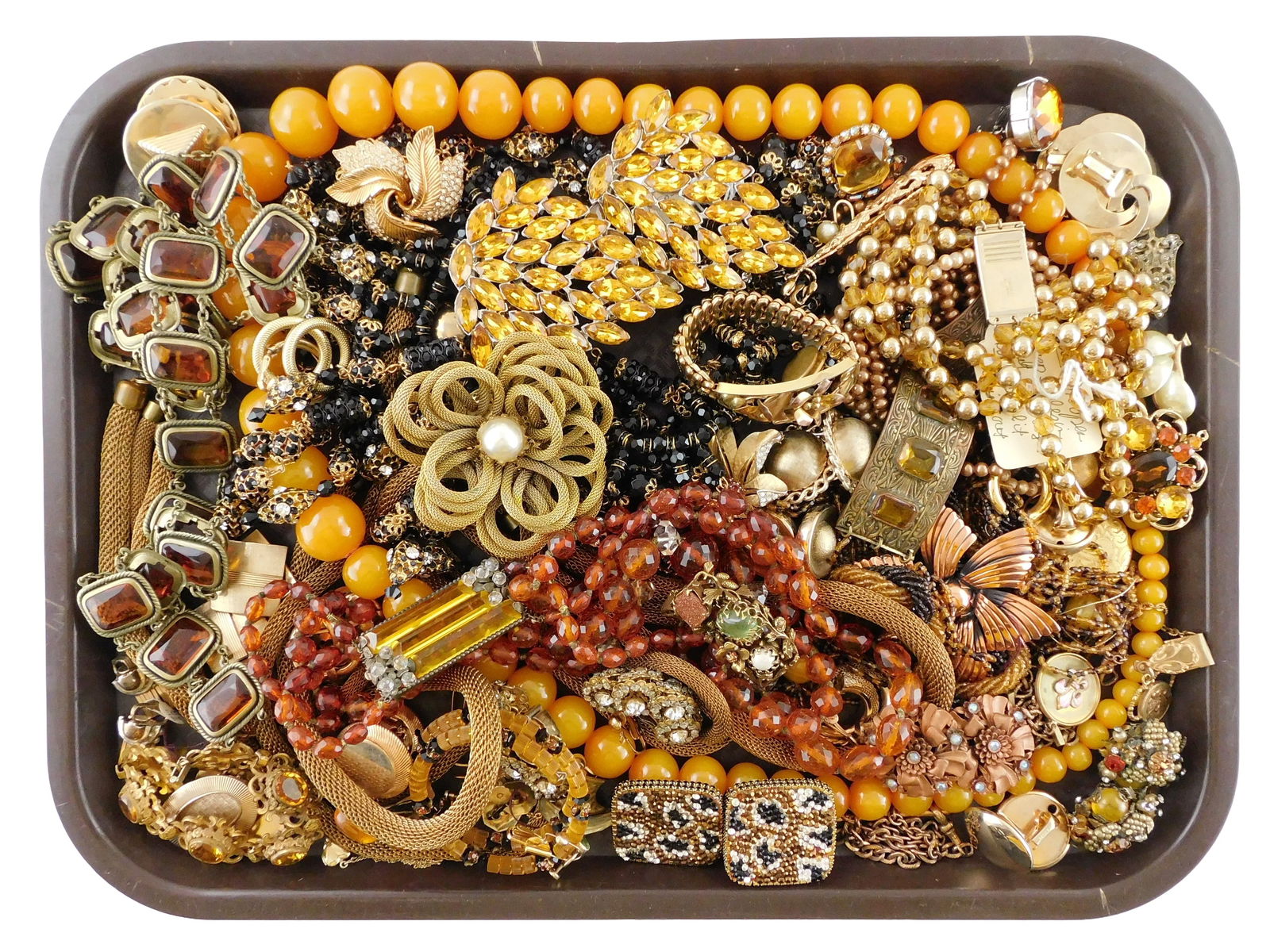 COSTUME JEWELRY: Napier, Coro, Boucher, etc., 40+ pieces, many in comprised of stones resembling: COSTUME JEWELRY: Napier, Coro, Boucher, etc., 40+ pieces, many in comprised of stones resembling citrine, amber, seed pearls, crystals, enamel, etc., items of interest include Boucher gold-tone flower
