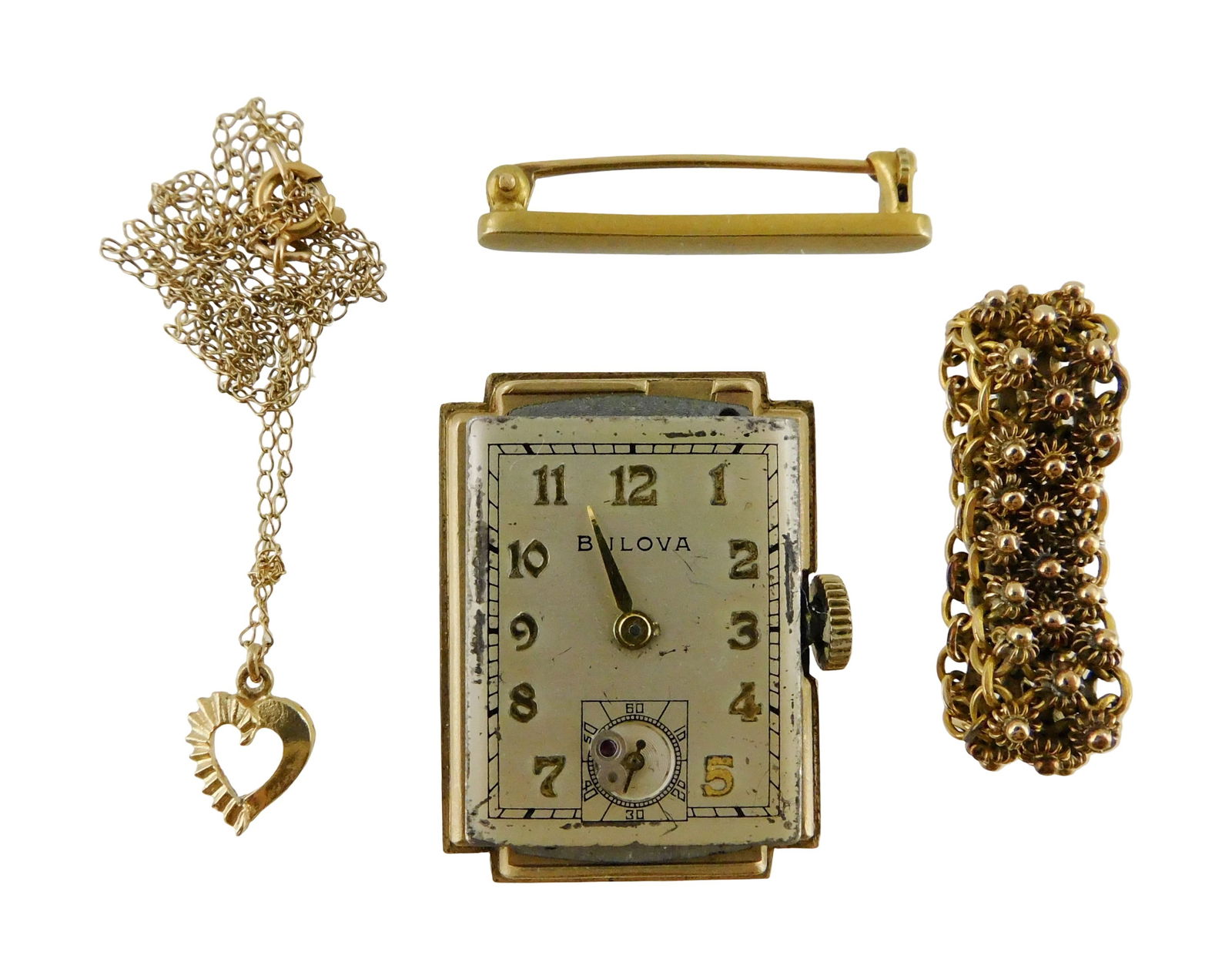 JEWELRY: Four pieces of 14K yellow gold, all stamped unless noted, including: small bar pin; chain (1 of 3)