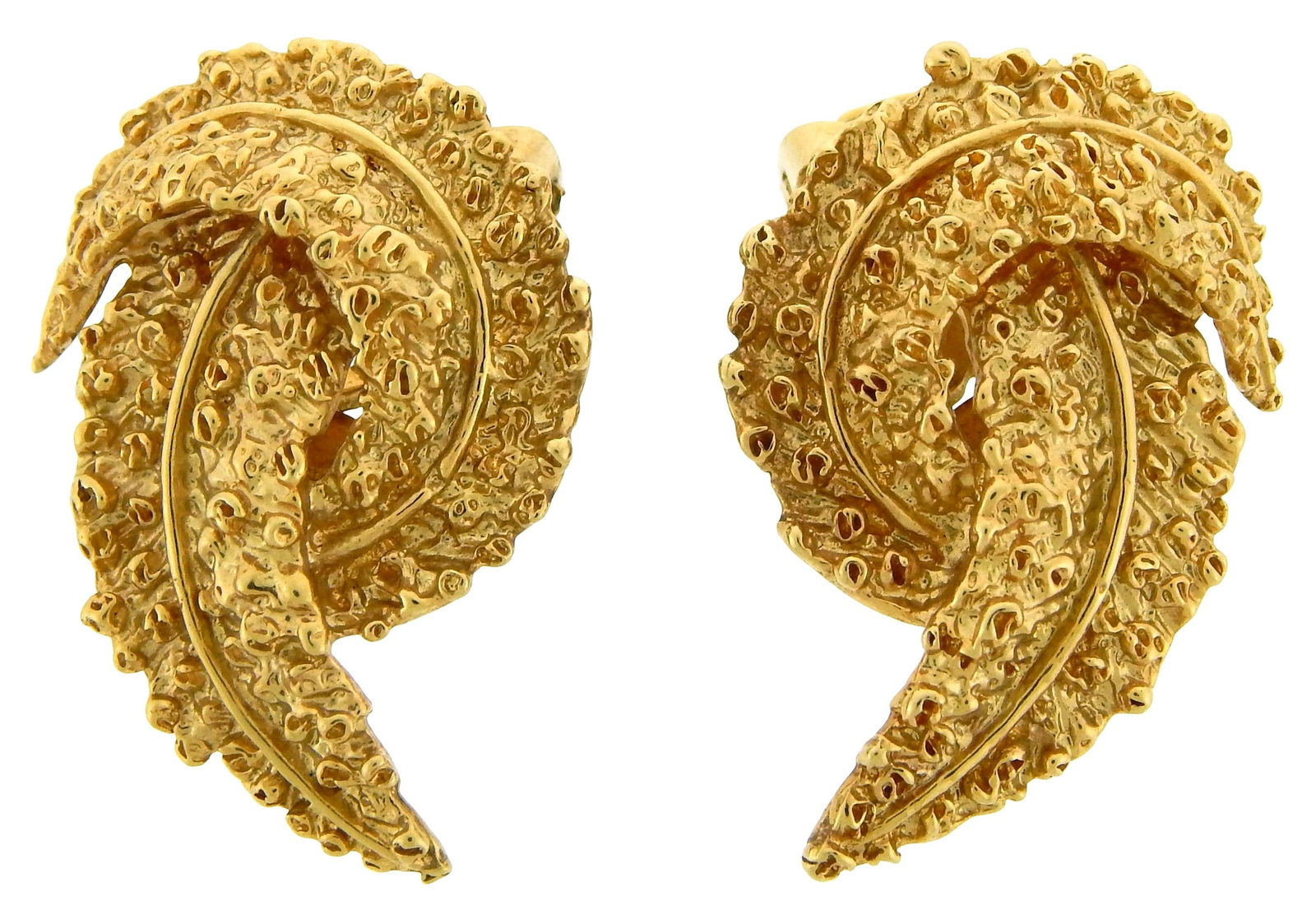 JEWELRY: Pair of 14K yellow gold non-pierced earrings, leaf form with textured surface, stamped 14K (1 of 3)