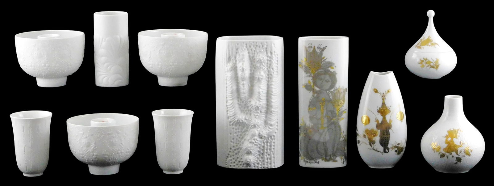 ART GLASS: Rosenthal porcelain vases and candlestick holders, 20th C., Germany, eleven pieces, all: ART GLASS: Rosenthal porcelain vases and candlestick holders, 20th C., Germany, eleven pieces, all with makers mark on bottom, including: “Samuramat” line by Bjørn Wiinblad (Denmark, 1918-200