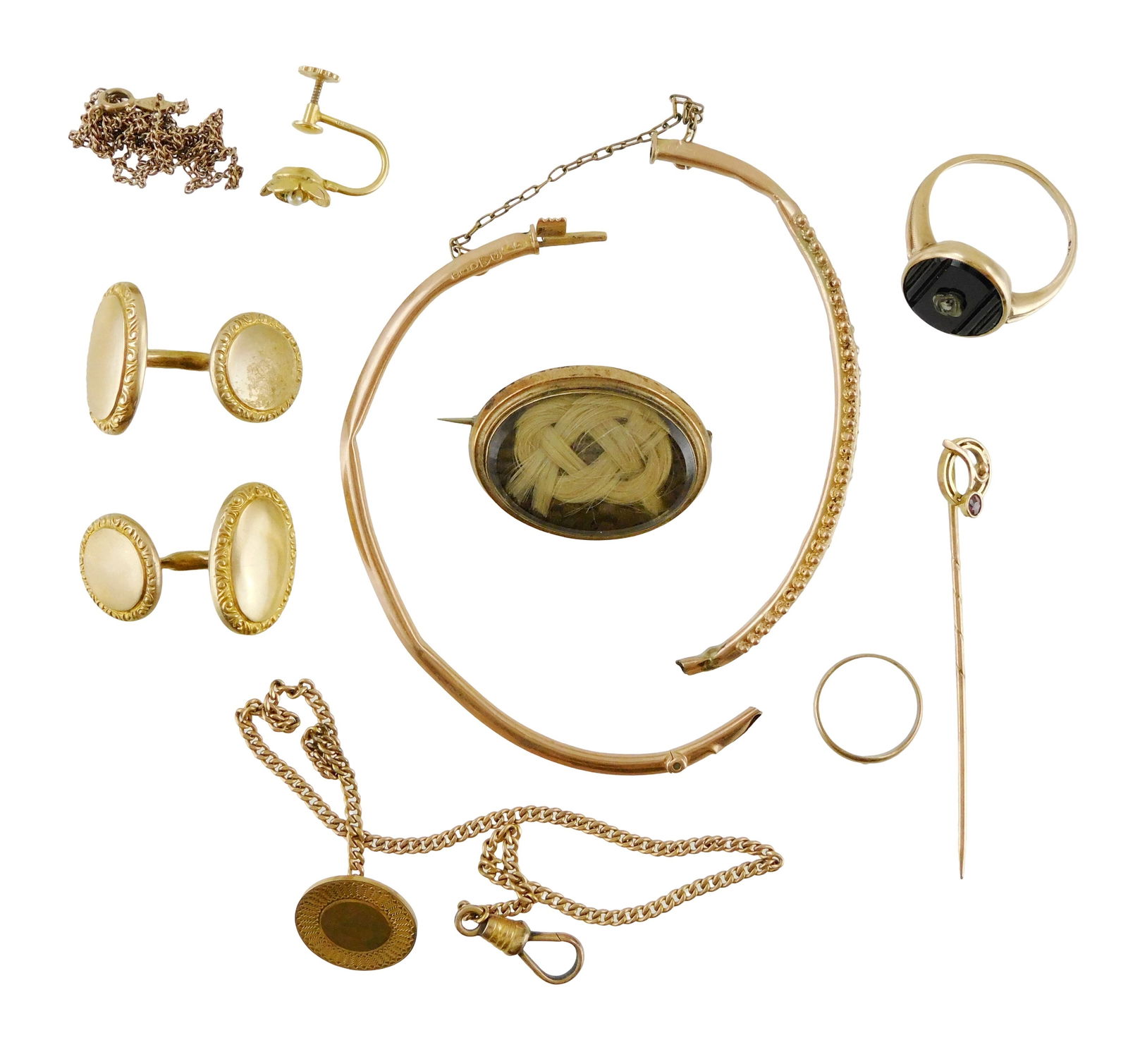 JEWELRY: Ten pieces of 10K gold, stamped and/ or tested, including: pair of cufflinks; stick pin (1 of 3)
