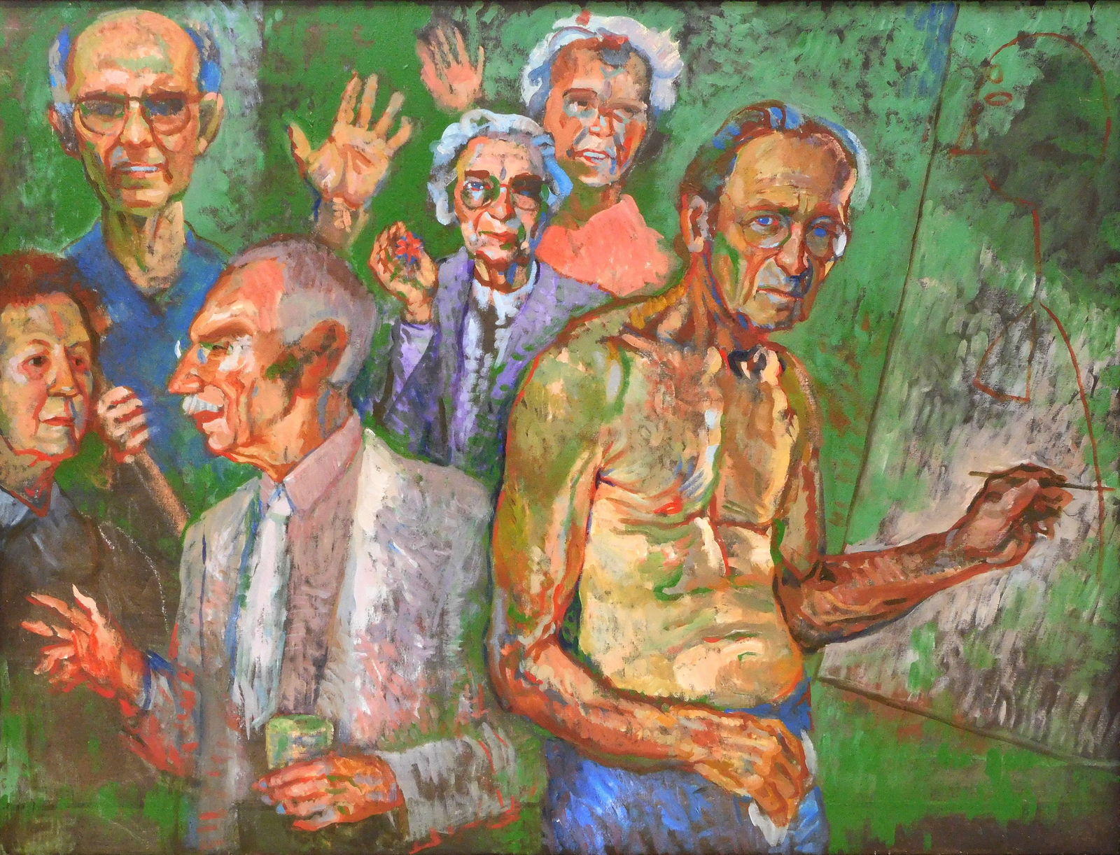 William A. McCloy (American, 1913 - 2000), "The Reunion", 1987, acrylic on linen, self portrait of: William A. McCloy (American, 1913 - 2000), "The Reunion", 1987, acrylic on linen, self portrait of the artist at right, McCoy's brother Edward is in foreground with glass, dappled green background, no