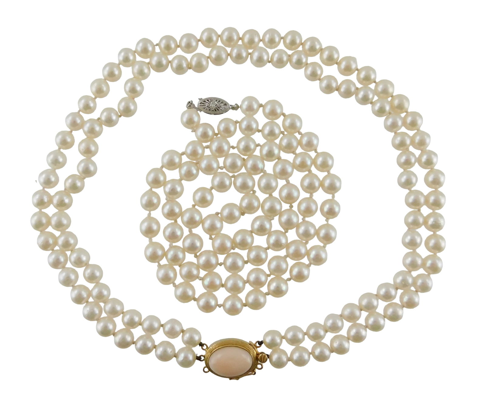 JEWELRY: Two cultured pearl necklaces with stamped 14K clasps, each hand-knotted, details include: (1 of 5)