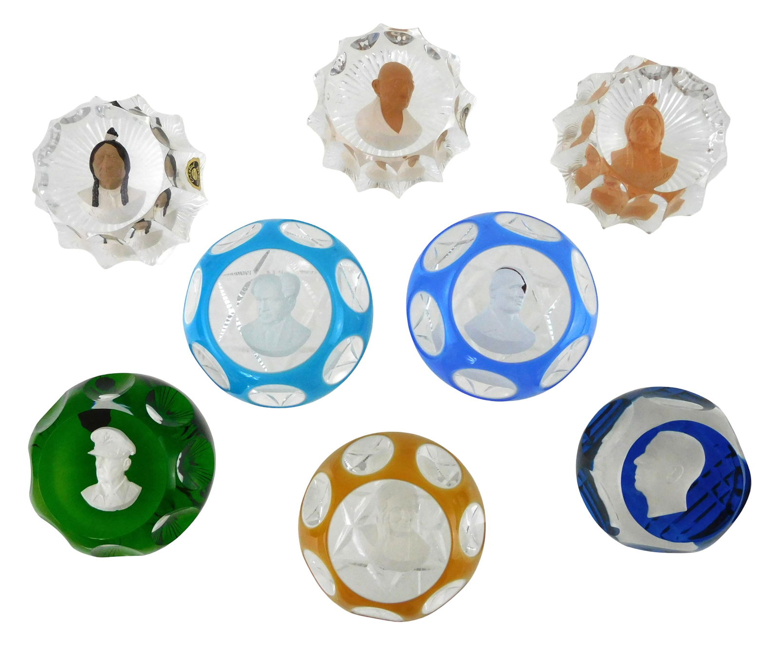 ART GLASS: Eight D’Albret crystal famous figures paperweights, 20th C., France, all with makers (1 of 4)