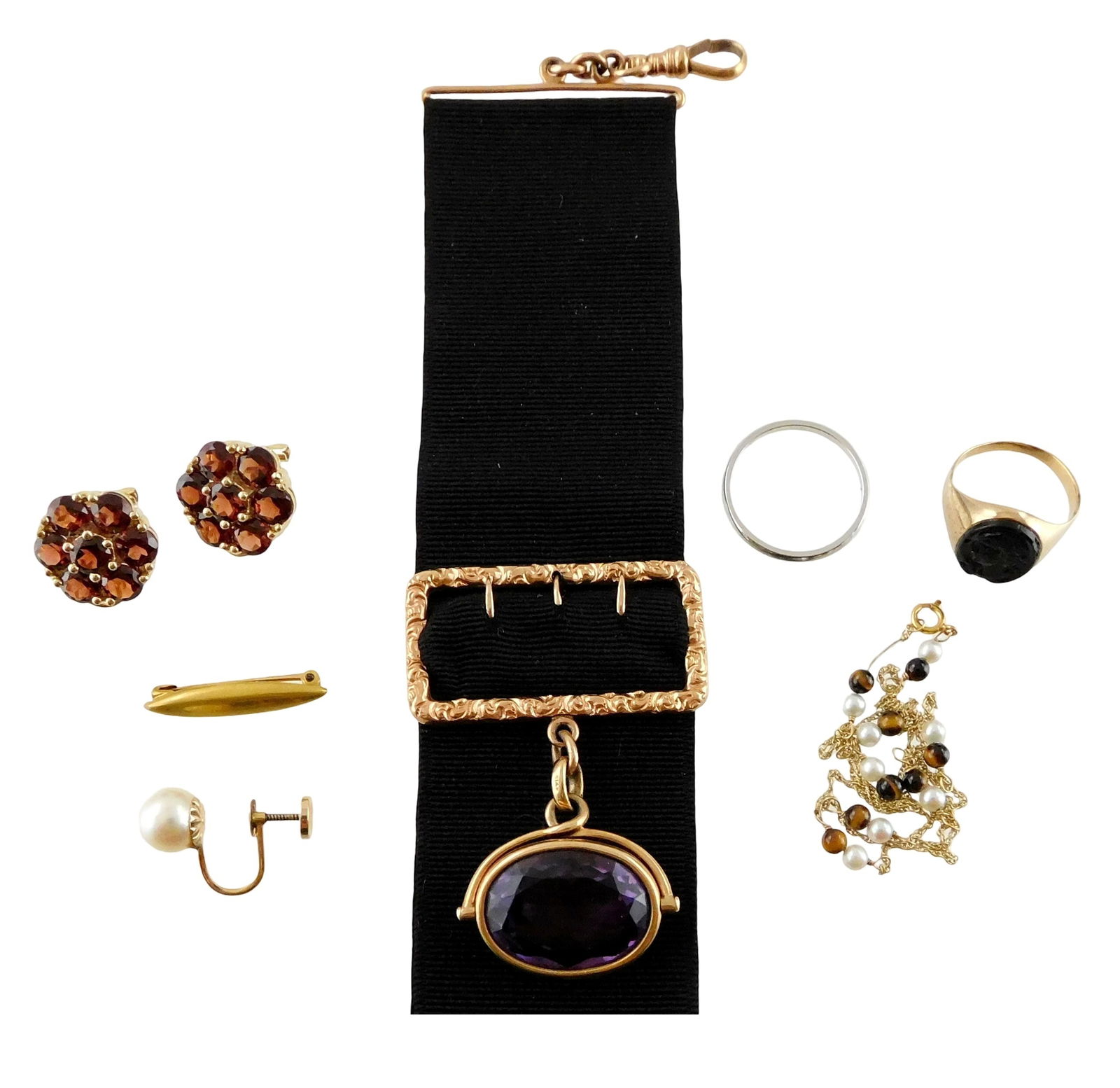 JEWELRY: 14K Gold rings, pin, pendant, earrings and necklace, many with mounted non-gold parts, all: JEWELRY: 14K Gold rings, pin, pendant, earrings and necklace, many with mounted non-gold parts, all stamped or tested, pieces include: signet ring with inset black stone carved with man's profile, tes