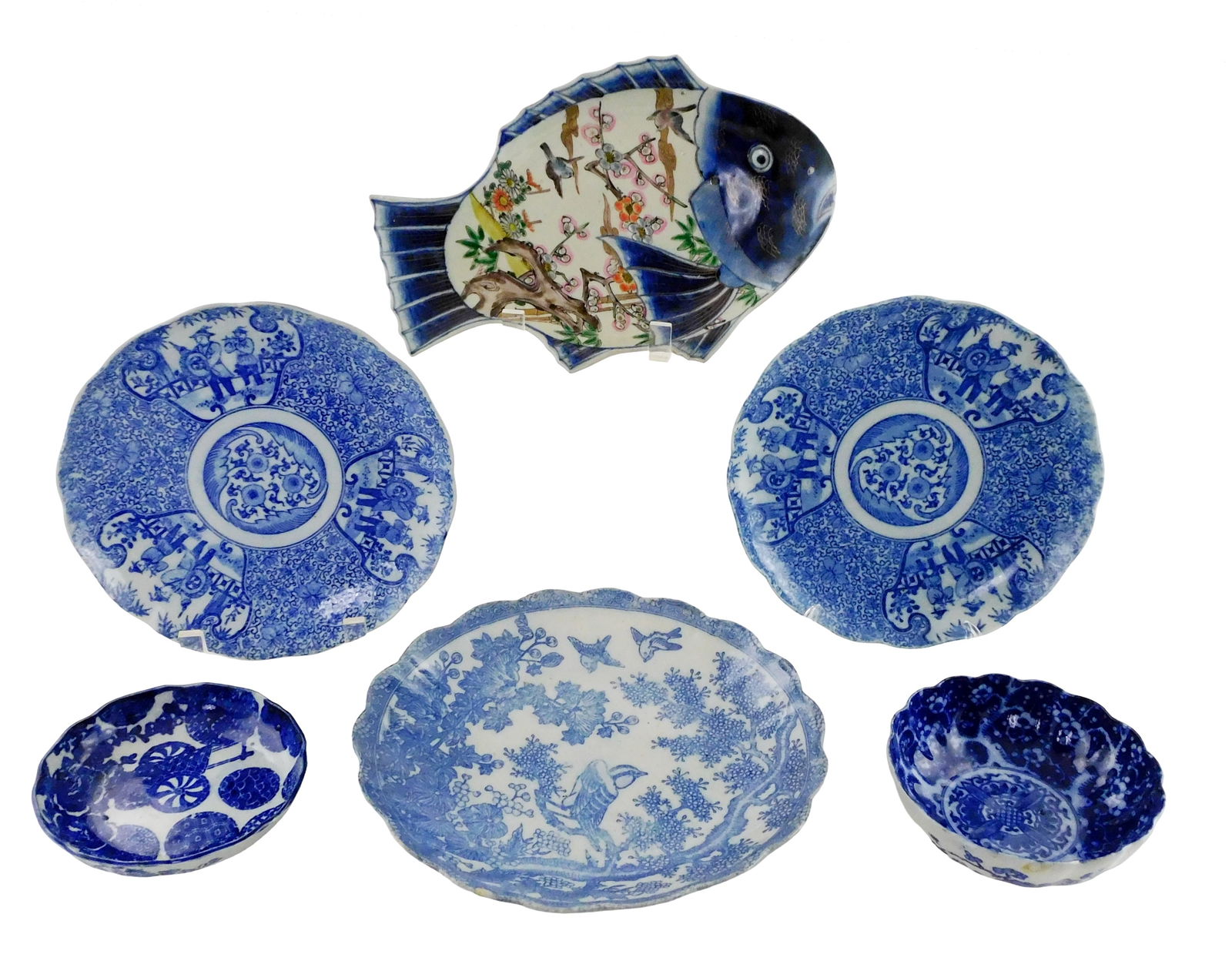 ASIAN: Six blue and white porcelain dishes, Japanese, late 19th-20th C., details include: (1 of 6)