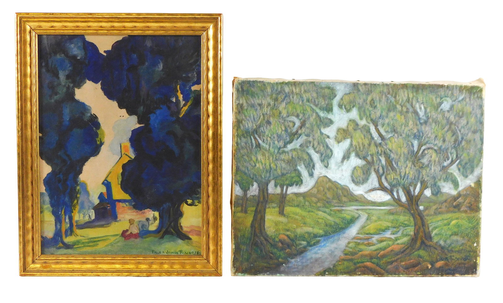 Two contemporary landscapes, both oil on canvas, including: framed piece depicting large trees (1 of 8)