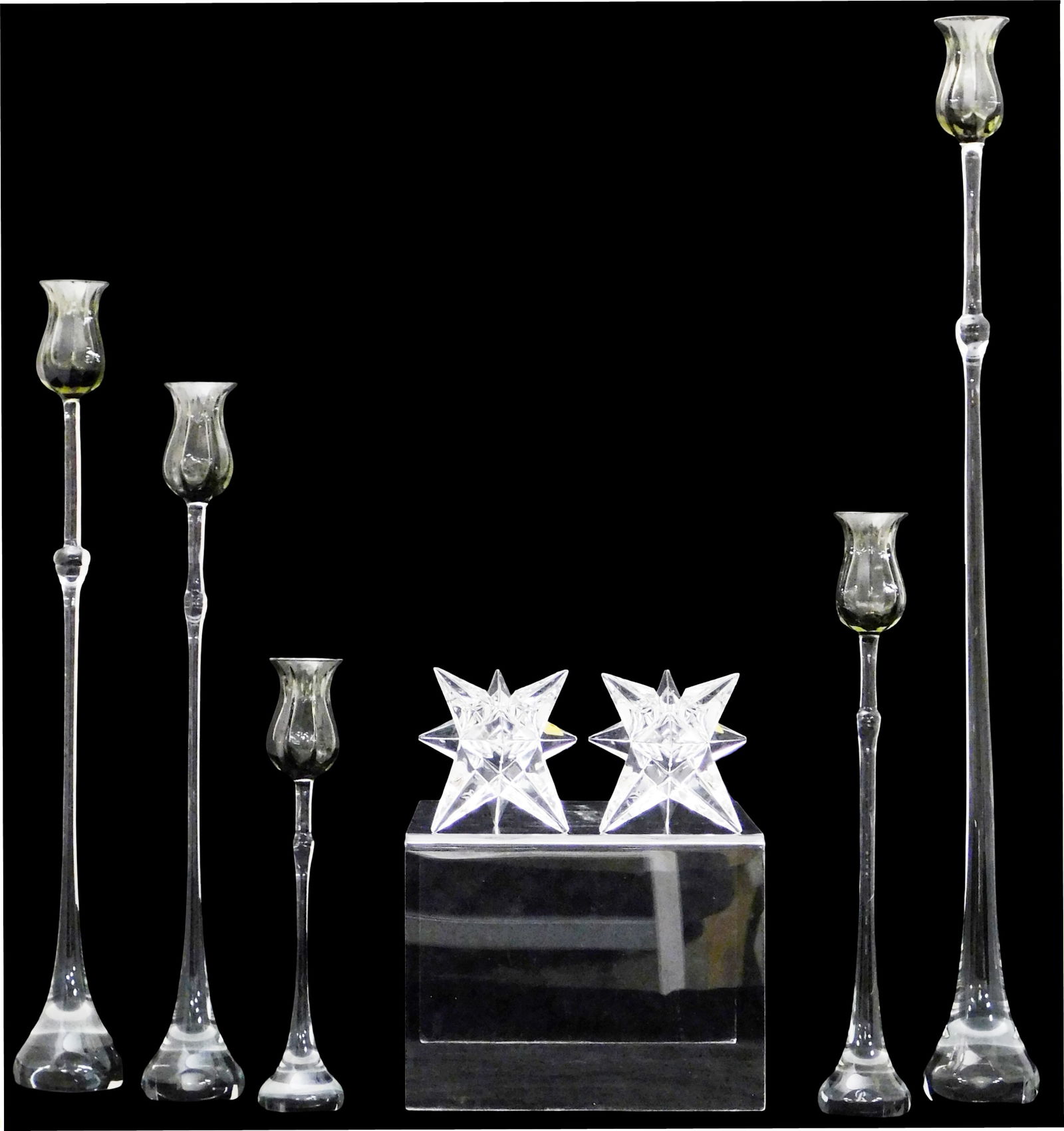 GLASS: Seven Rosenthal candle holders, two styles including: set of five “Tulipa?? candlesticks: GLASS: Seven Rosenthal candle holders, two styles including: set of five “Tulipa” candlesticks designed by Bjørn Wiinblad, tulip-form tall candlesticks with grey cup atop clear stem, 9 &frac3