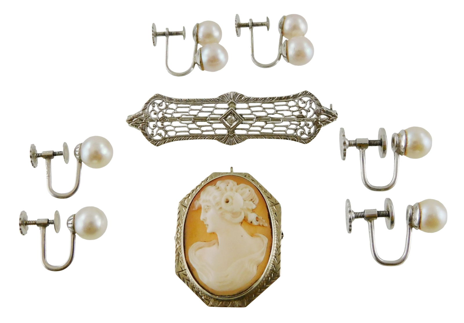 JEWELRY: 14K Gold brooches and earrings, eight pieces, all stamped, including: filigree par pin with (1 of 5)