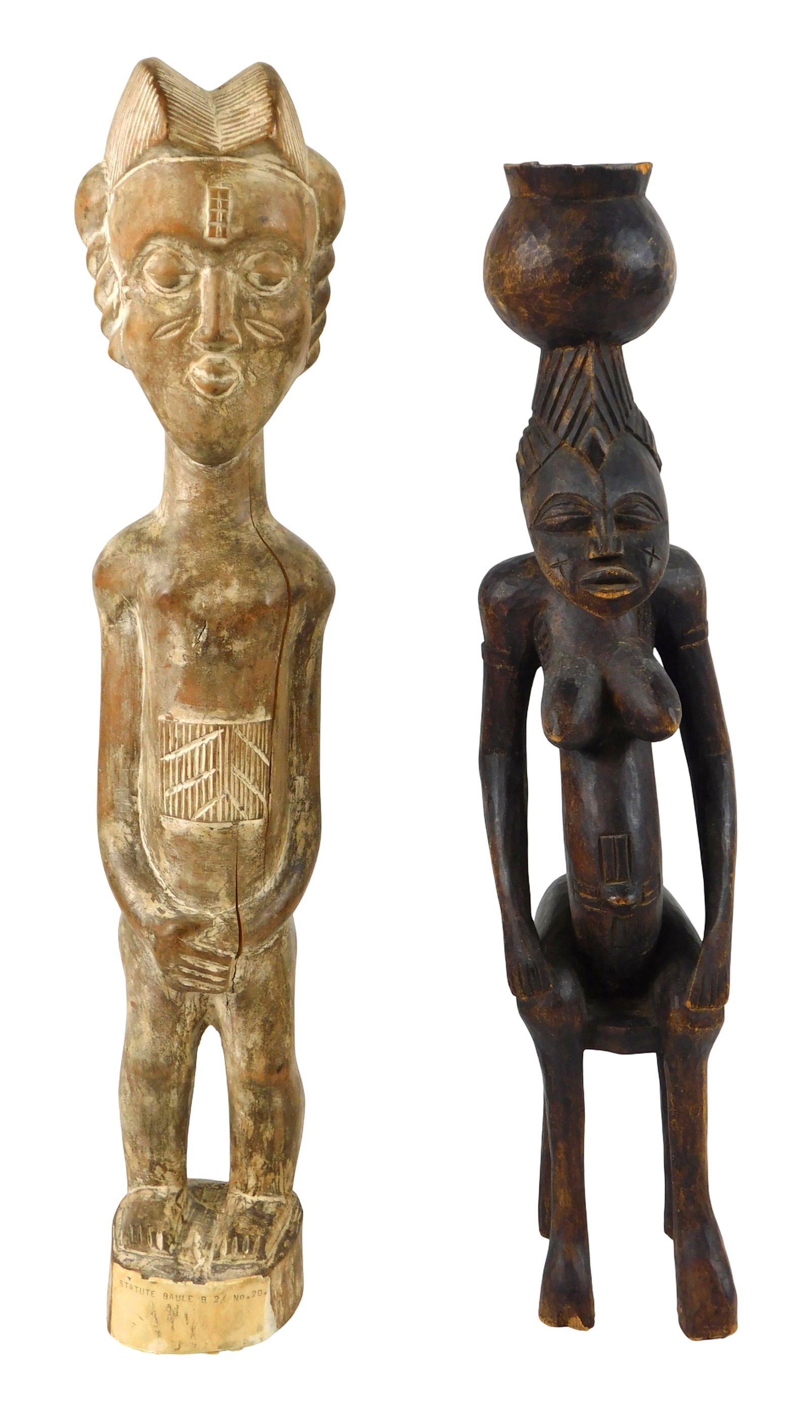 TRIBAL: Two African Senufo Tribe type carvings, Ivory Coast, carved wood, including: seated (1 of 4)