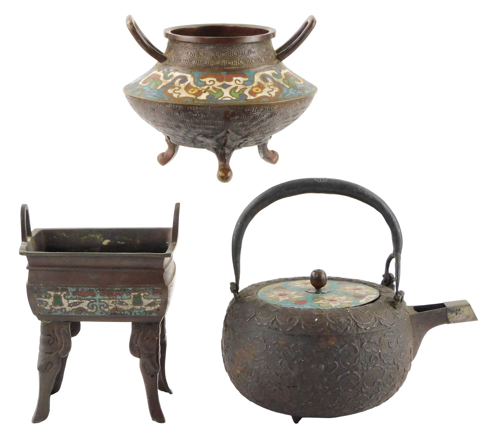 ASIAN: Three pieces of Japanese cloisonne on brass, 19th-20th C., including: brass teapot,: ASIAN: Three pieces of Japanese cloisonne on brass, 19th-20th C., including: brass teapot, polychrome enamel painted lid, intricate floral pattern throughout metal body and handle, 7 1/4" h x 7" l.; s