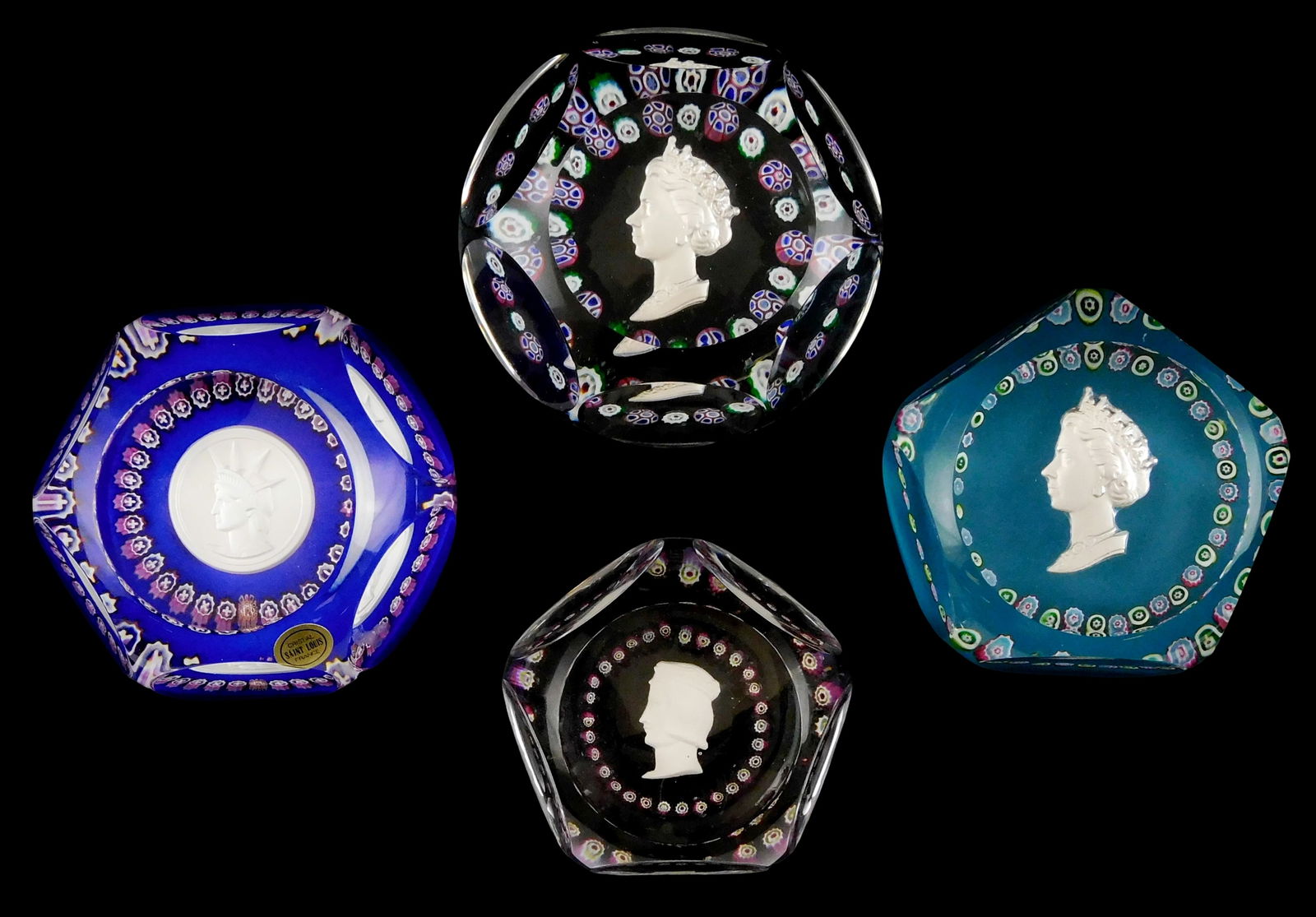 ART GLASS: St. Louis crystal sulphide and millefiori paperweights, 20th C., France, all with marking: ART GLASS: St. Louis crystal sulphide and millefiori paperweights, 20th C., France, all with marking or sticker, including: Statue of Liberty, decorated with pink canes, top facet and six side facets,
