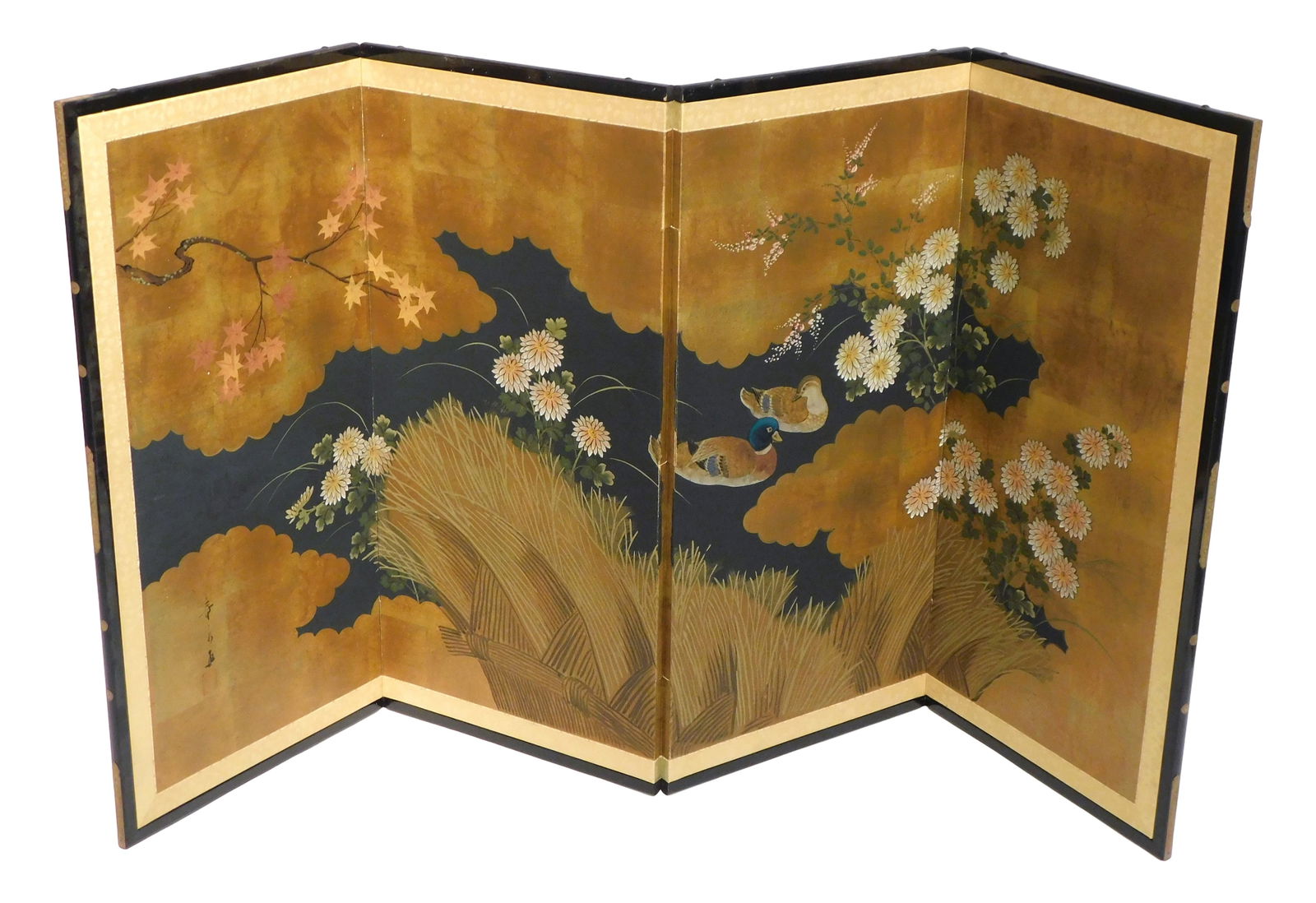 ASIAN: Japanese four panel folding screen or byobu, gilt background with a painted scene of two (1 of 7)