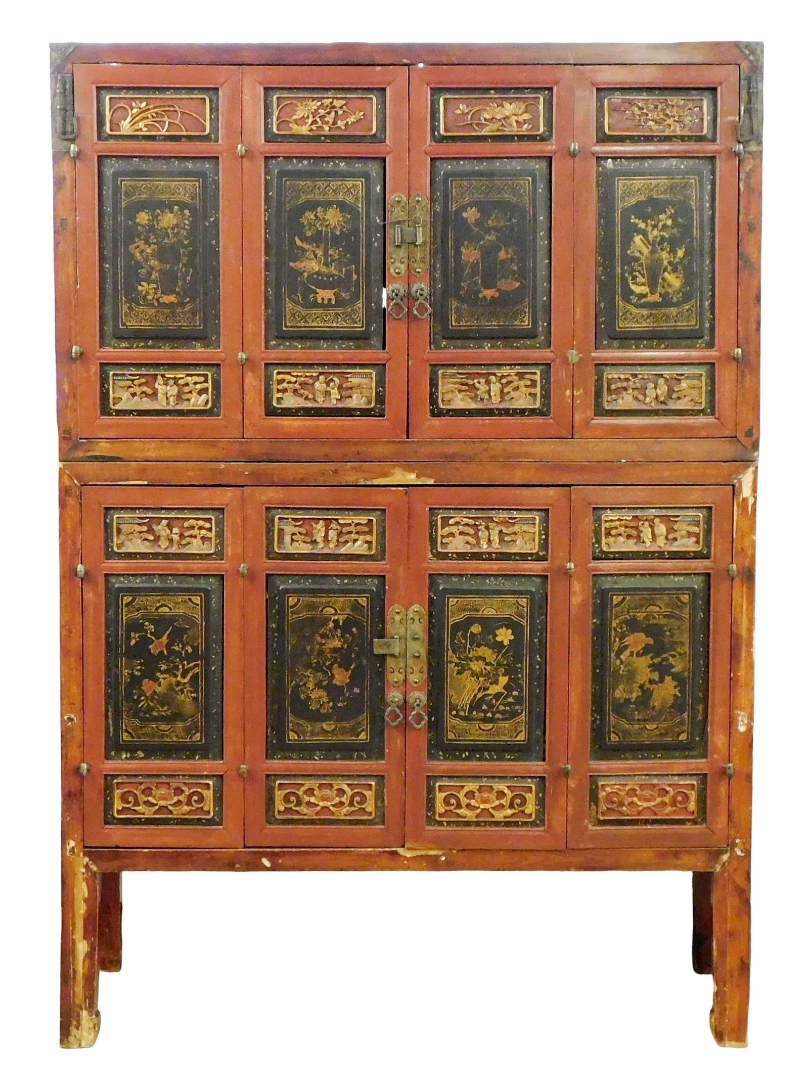 ASIAN: Chinese lacquered cabinet, in two parts; hinged, folding doors, interior shelves and drawers, (1 of 3)