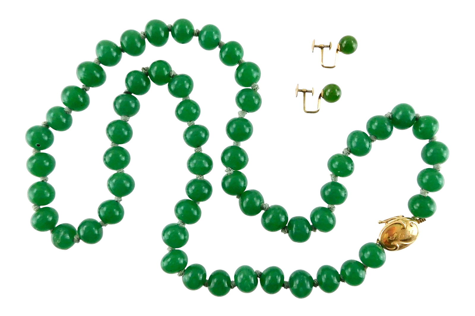 JEWELRY: Jade-type green hardstone beaded necklace with 14K yellow gold clasp and pair of screw-back: JEWELRY: Jade-type green hardstone beaded necklace with 14K yellow gold clasp and pair of screw-back earrings, all stamped "14K", uniform size bead approximately 6mm, oval form clasp with single safet