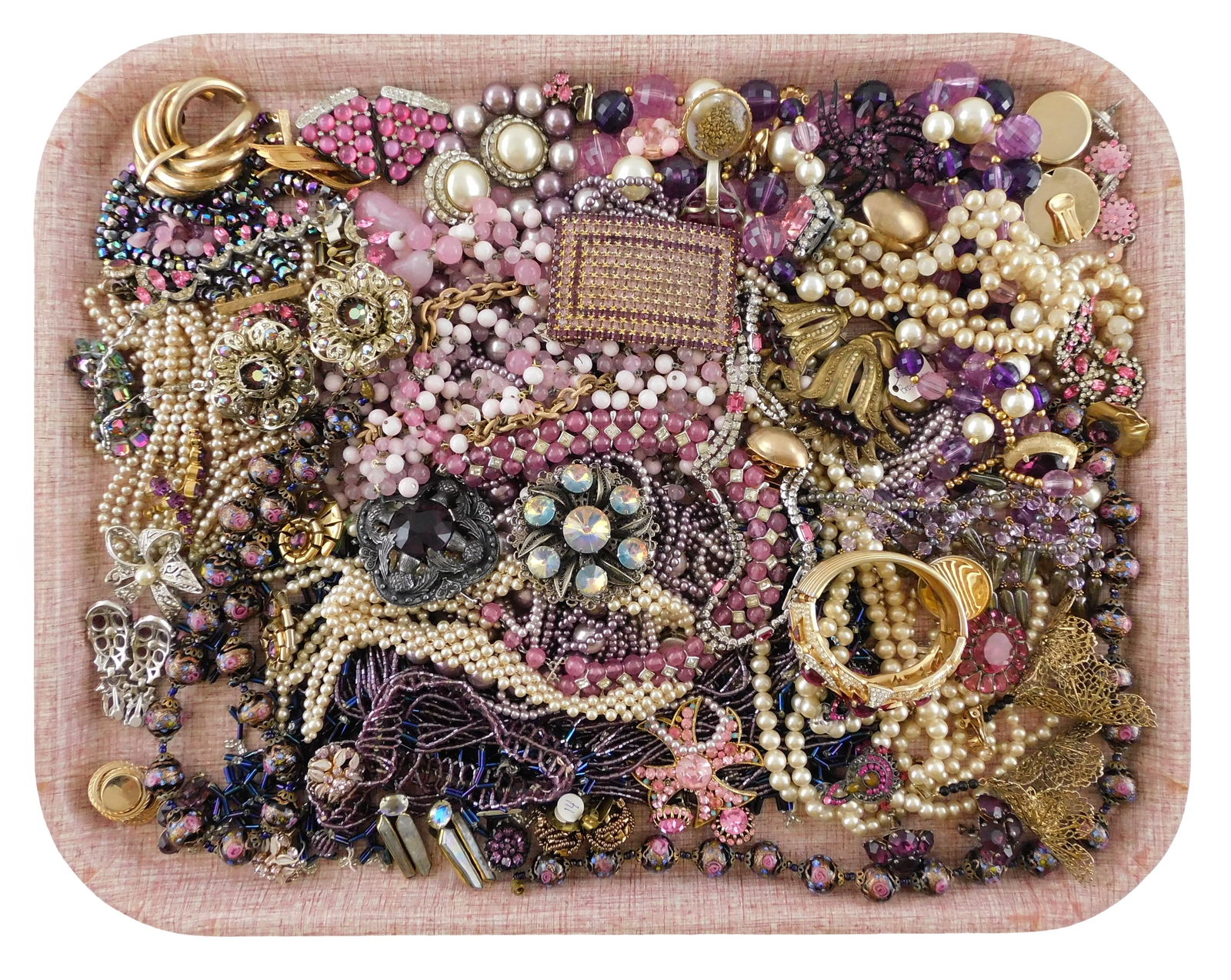 COSTUME JEWELRY: Sarah Coventry, Trifari, Bartek, etc., 40+ pieces, many in tones of purple, pink: COSTUME JEWELRY: Sarah Coventry, Trifari, Bartek, etc., 40+ pieces, many in tones of purple, pink and lavender with stones resembling rose quartz and amethyst, items of interest include ornate hinged