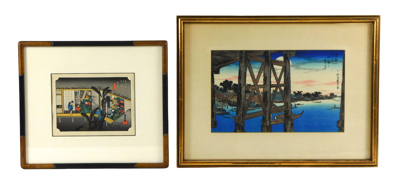 ASIAN: Two woodblocks by Utagawa Hiroshige (Japan, 1797-1858) "Evening Moon at Ryogoku" view from (1 of 4)