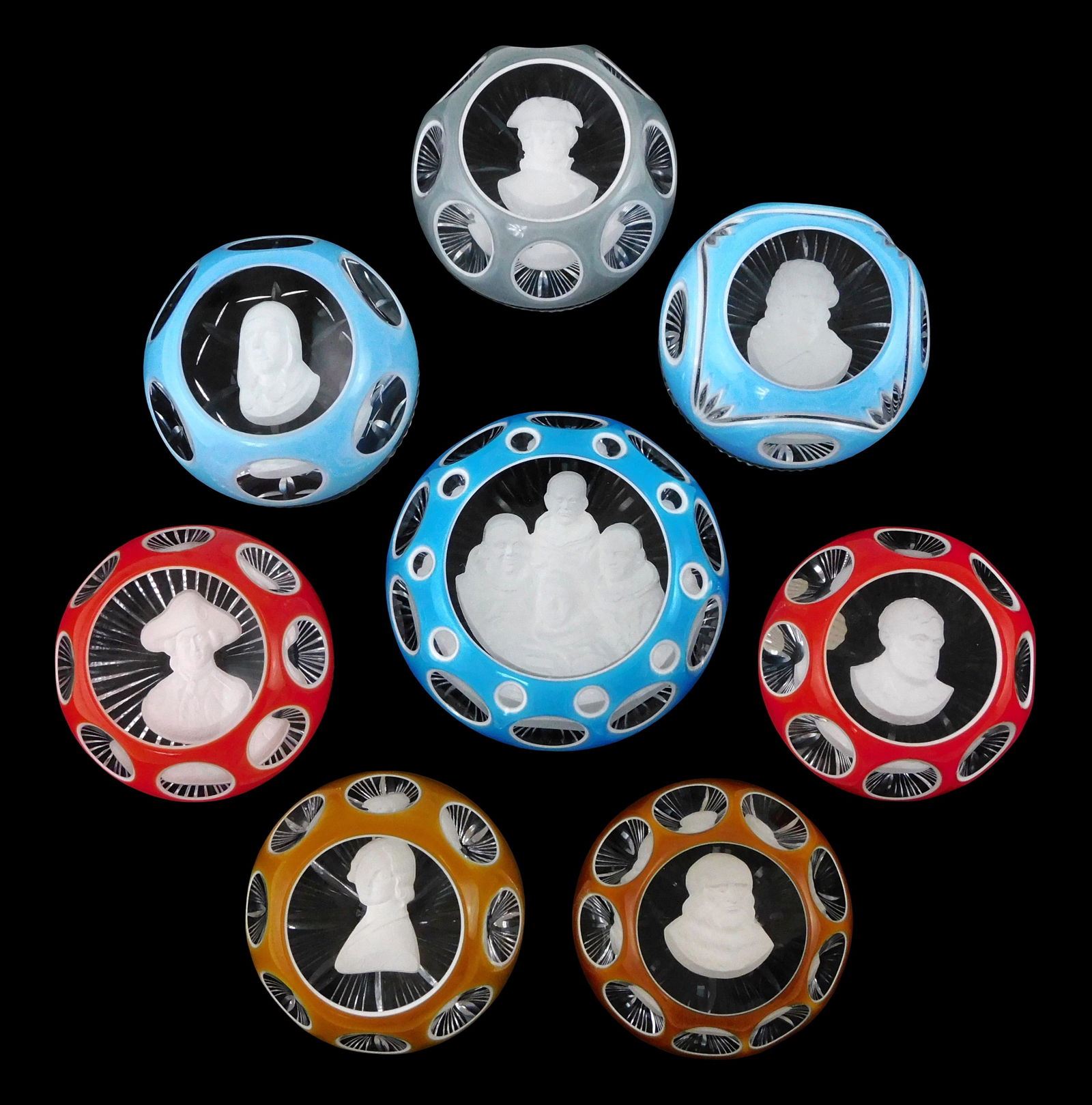 ART GLASS: Eight D’Albert crystal and sulphide cameo paperweights, 20th C., France, all with (1 of 4)