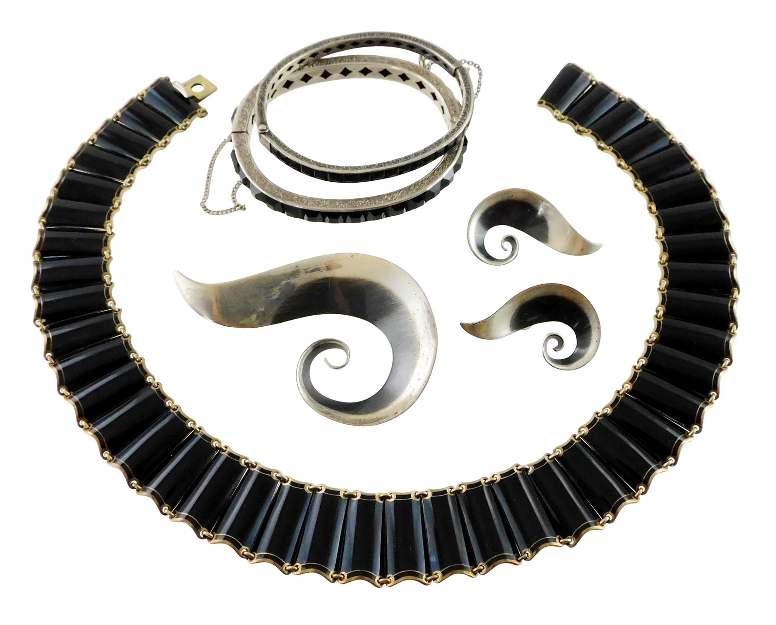 STERLING: Orb, etc., six pieces of Art Deco and Contemporary sterling silver jewelry, all stamped: STERLING: Orb, etc., six pieces of Art Deco and Contemporary sterling silver jewelry, all stamped sterling, including: black enamel link necklace with vermeil finish; two Art Deco hinged bangles with