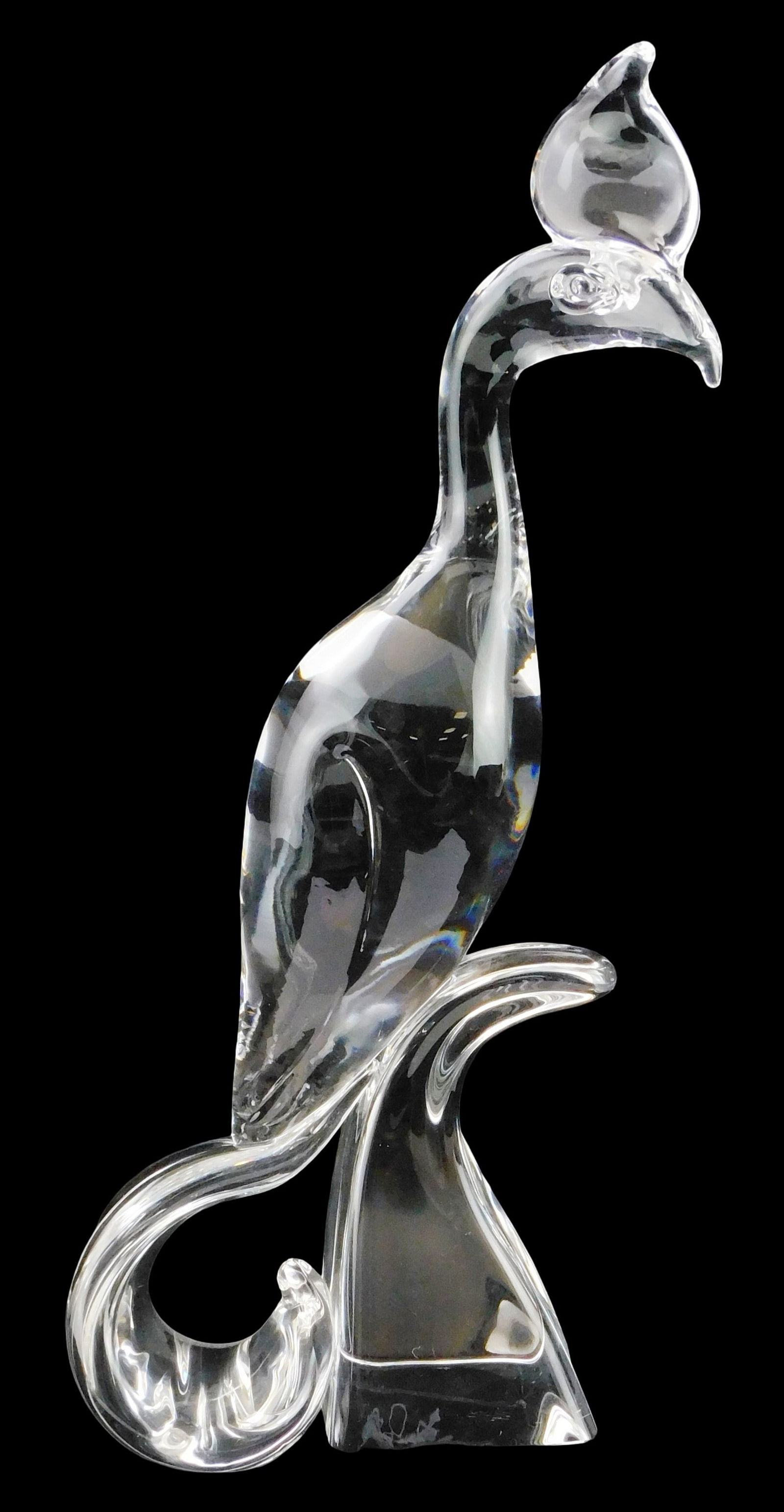 ART GLASS: Steuben phoenix bird, designed by Lloyd Atkins, mid 20th C., stylized bird with tall (1 of 4)