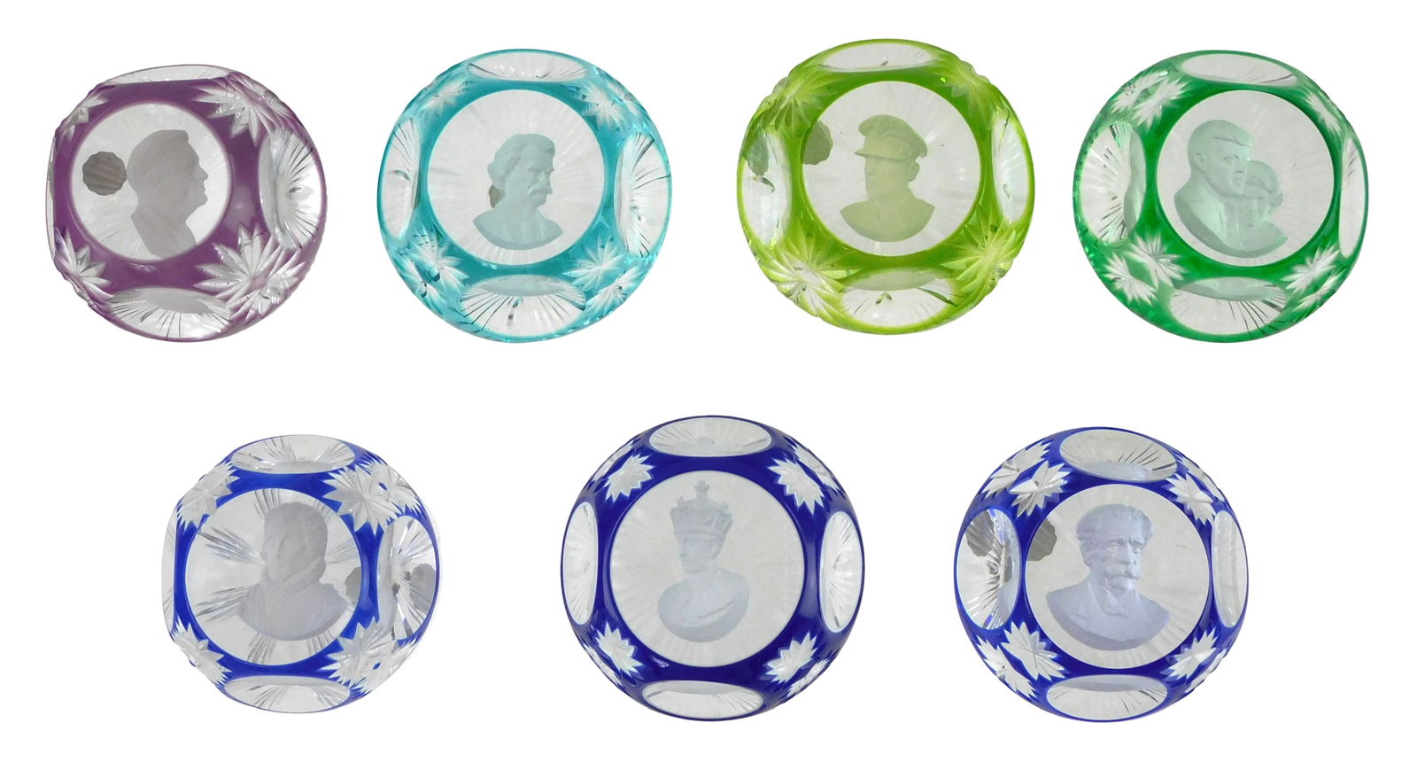 ART GLASS: Seven D’Albert crystal and sulphide cameo paperweights, 20th C., France, all with fancy (1 of 4)