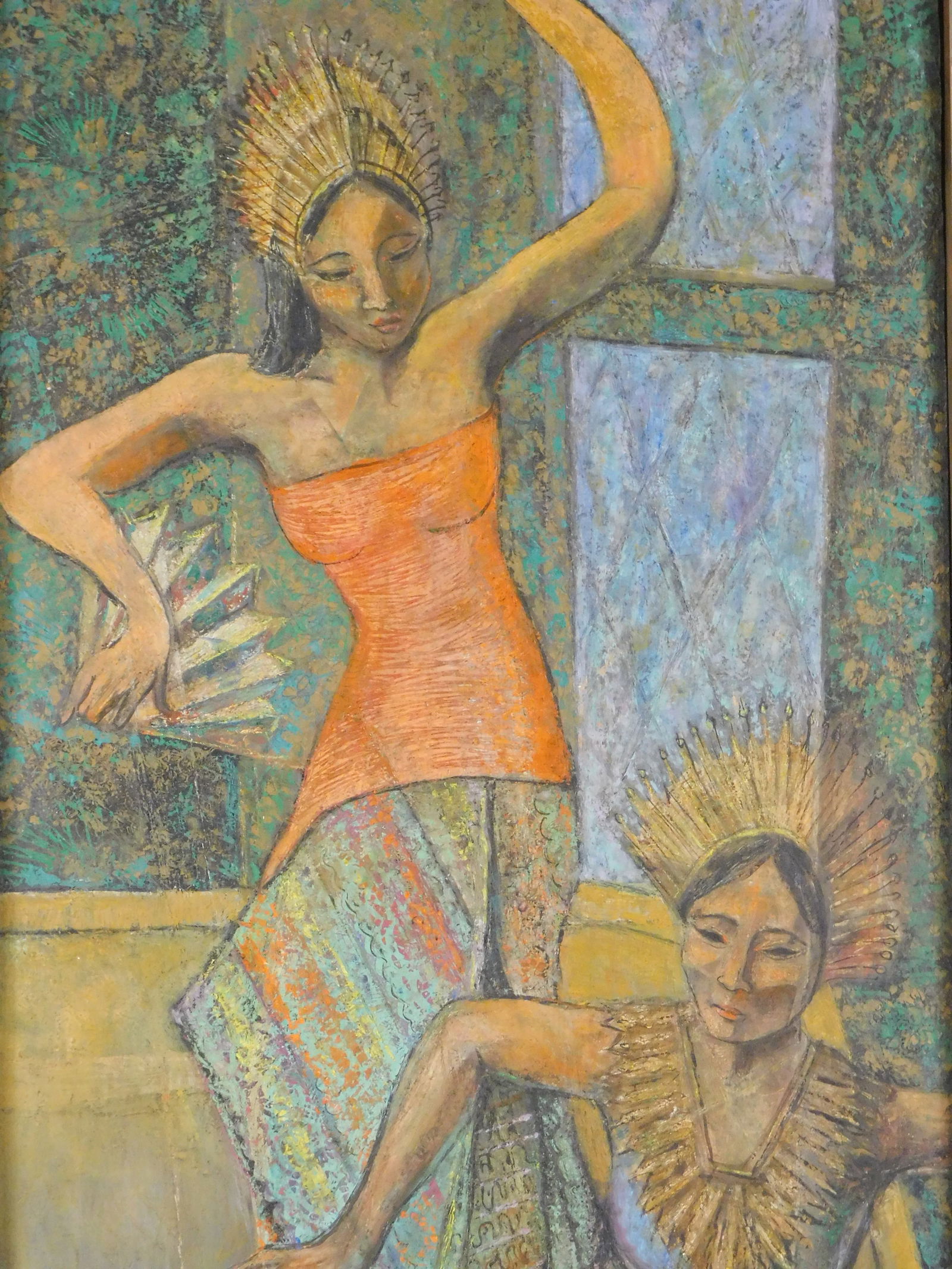 Helen F. Killion (American, 1910-2002), “Two Dancers??, 1994, oil on Masonite, signed lower left,: Helen F. Killion (American, 1910-2002), “Two Dancers”, 1994, oil on Masonite, signed lower left, “Silvermine Galleries” label verso, contemporary Southeast Asian influenced polychromat